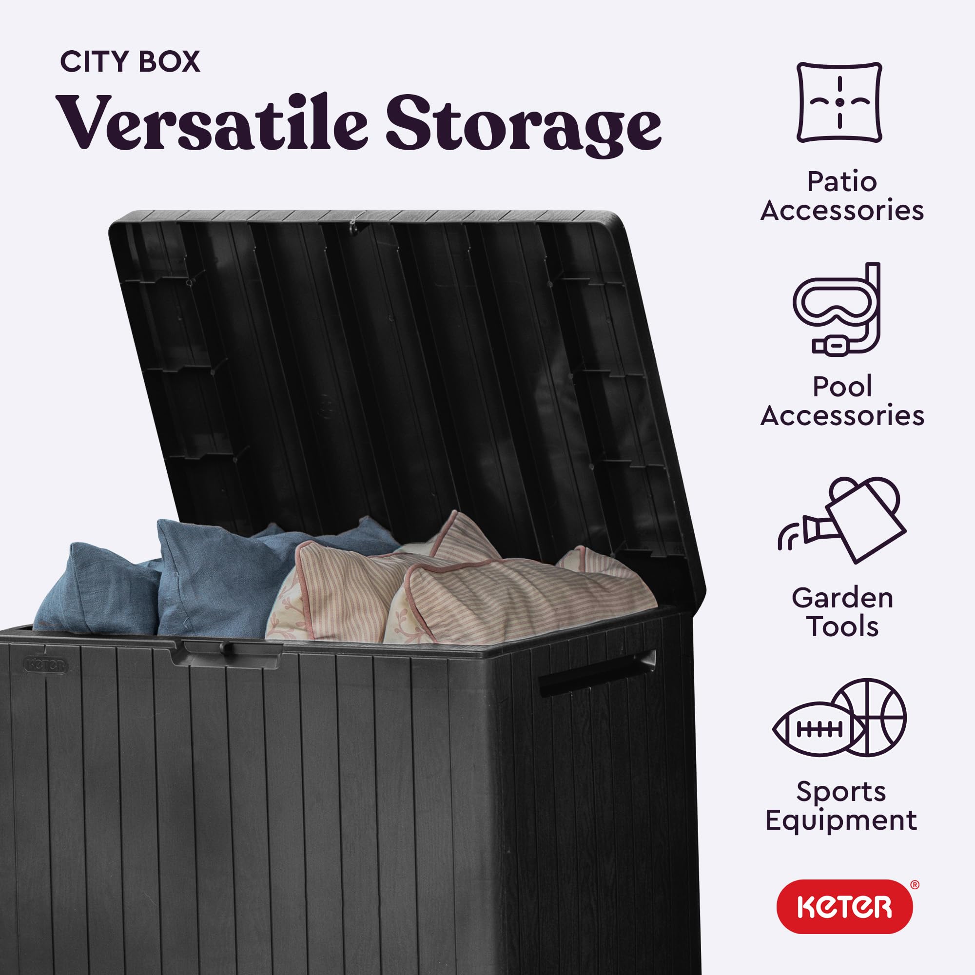 Keter City 30 Gallon Resin Outdoor Deck Box and Patio Side Table, Grey