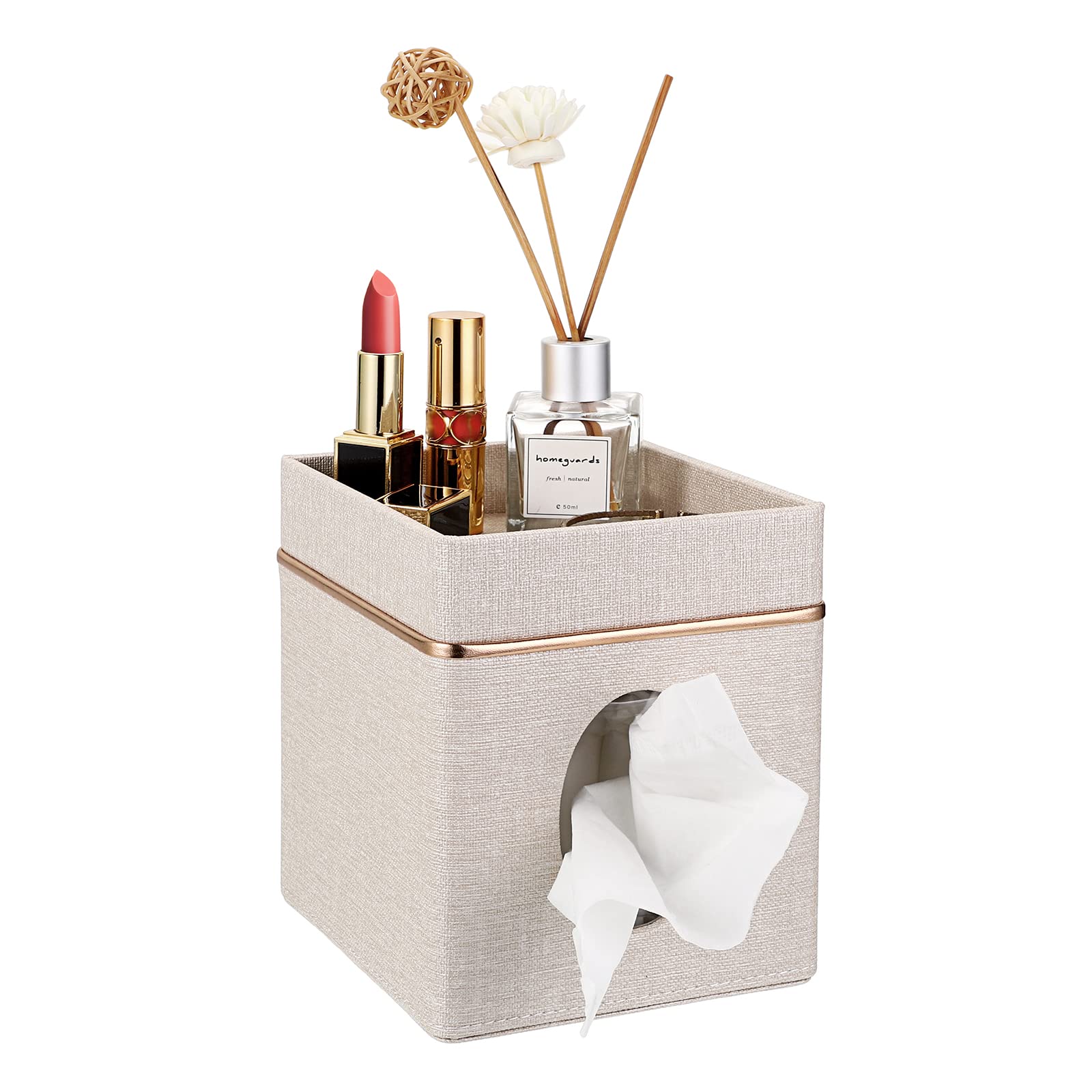BTSKY Linen Square Tissue Box Cover with Top Storage Tray - Beige Cube