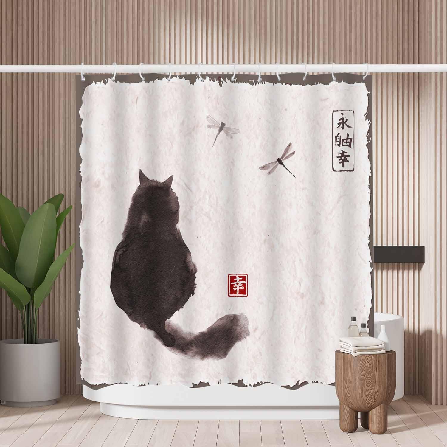 Jolof Store Black Fluffy Cat Shower Curtain | Mold Resistant Polyester