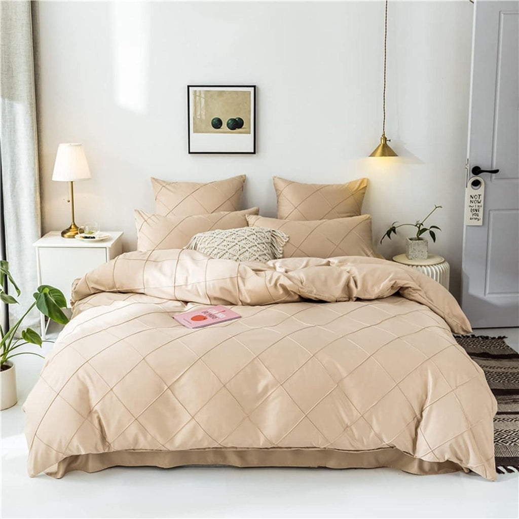 HAVOP King Size Duvet Cover Set | Beige Embossed Stripe Microfiber