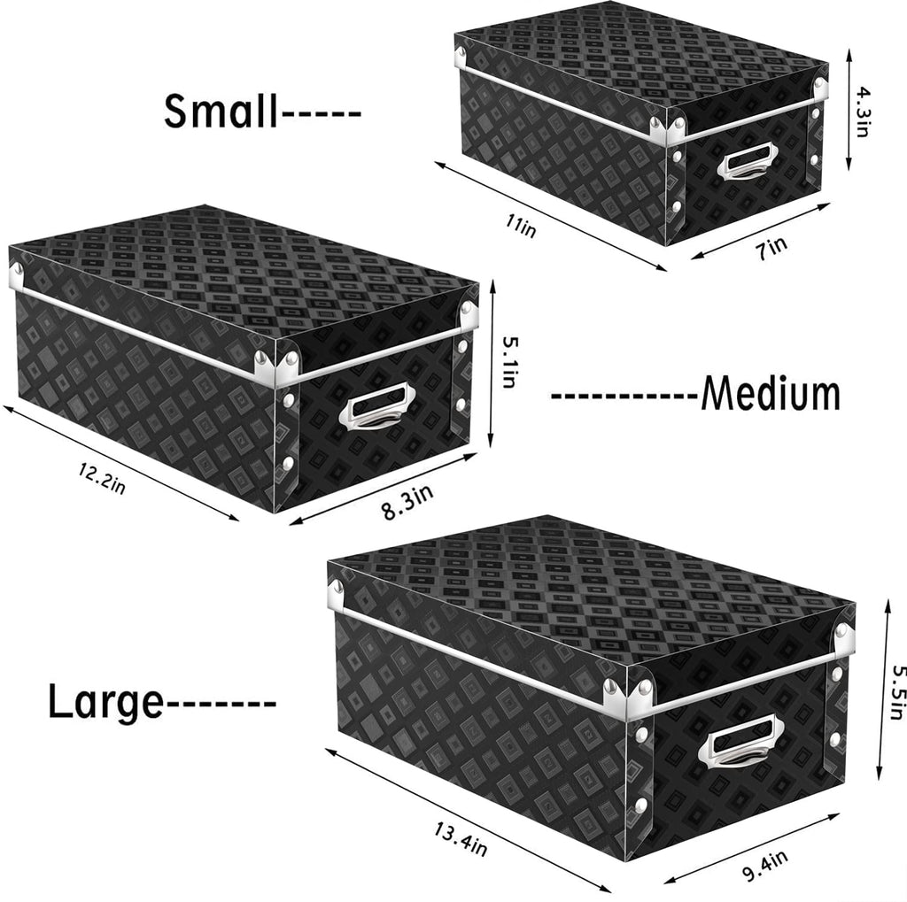 XUCHUN Storage Box with Lids Black, Set of 3 Waterproof Foldable Plastic Box Multiple Sizes for Socks/Office