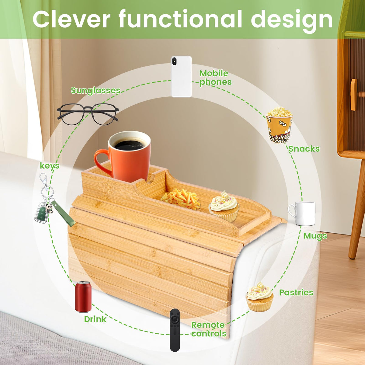 Foldable Sofa Arm Tray Table - Natural Pine Wood Side Table, Armrest Clip Tray, Waterproof Couch Organizer, Drink Snack Remote Control Holder D
