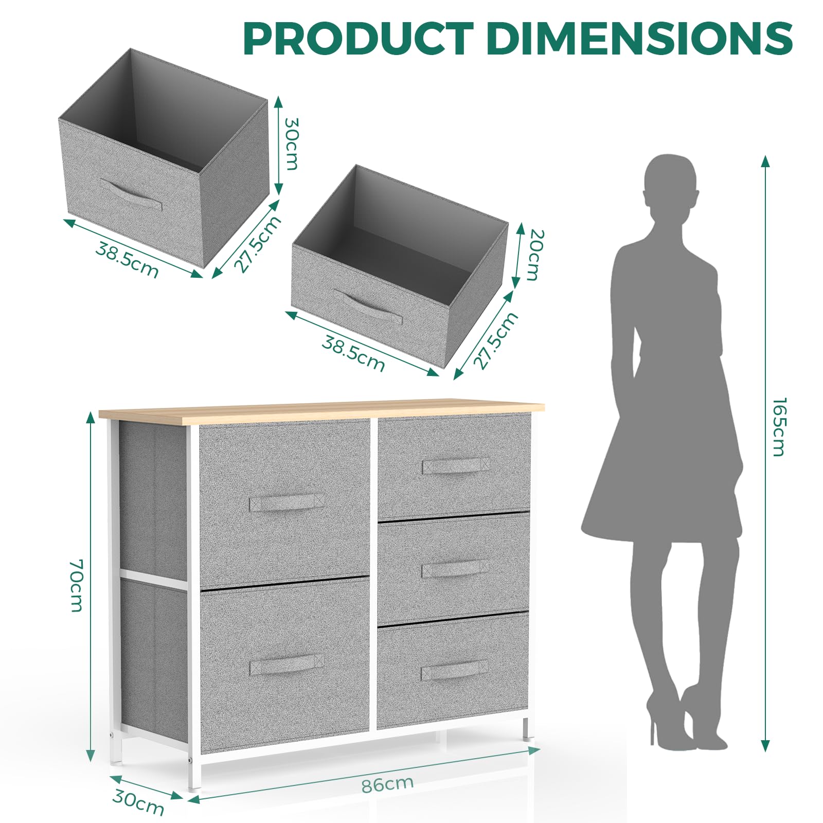 IMURZ Fabric Chest of Drawers | 5-Drawer Storage Unit with Steel Frame