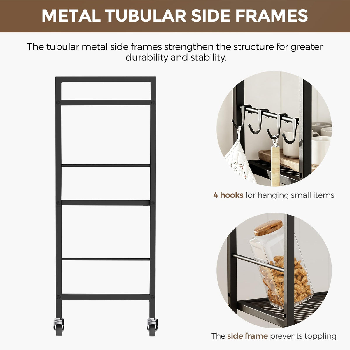 3-Tier kitchen trolley,Brown Wood Top,80W×30Dcm,4 Hooks, Adjustable Shelves - image 3