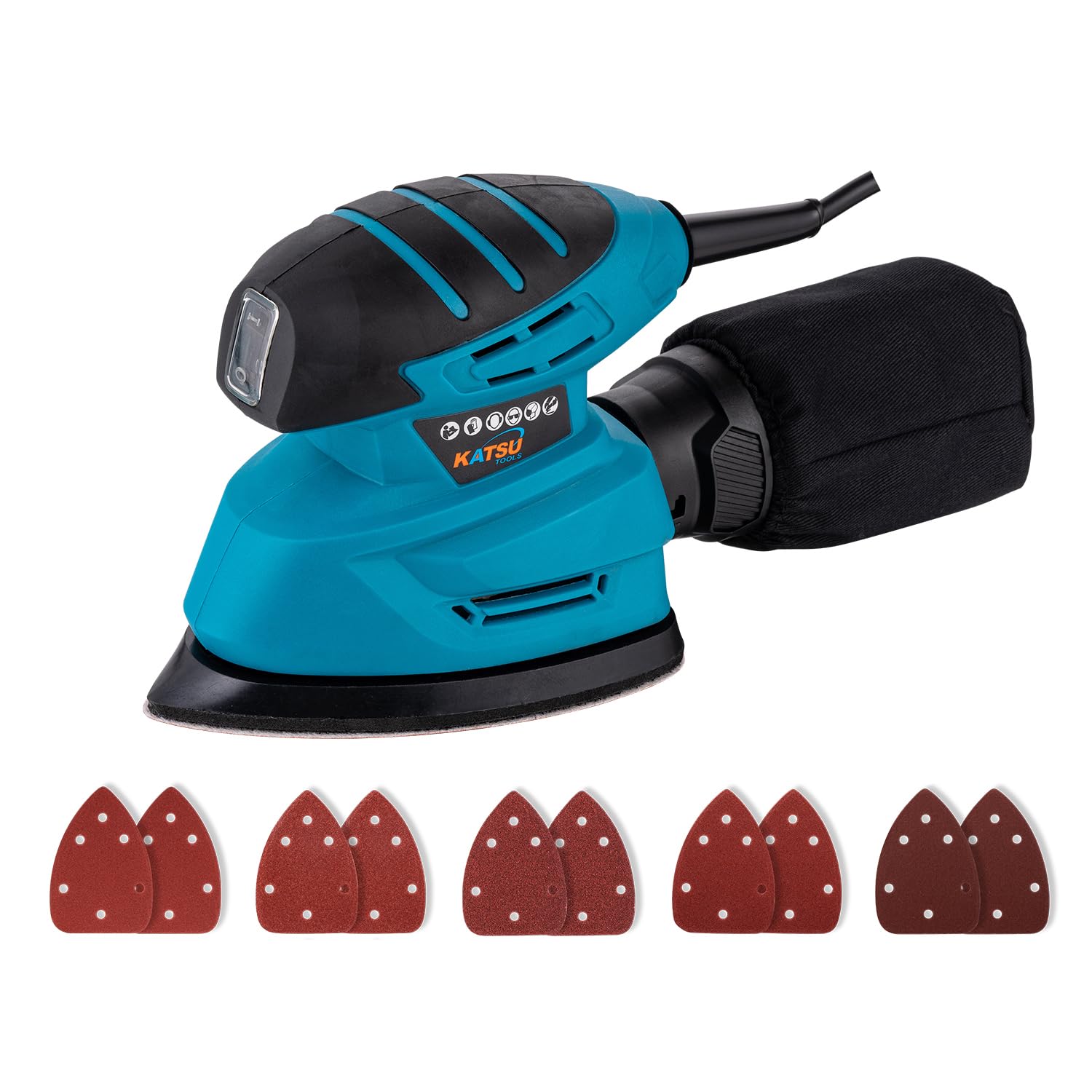 KATSU 130W Electric Detail Palm Sander with Dust Collection & 10 Pads