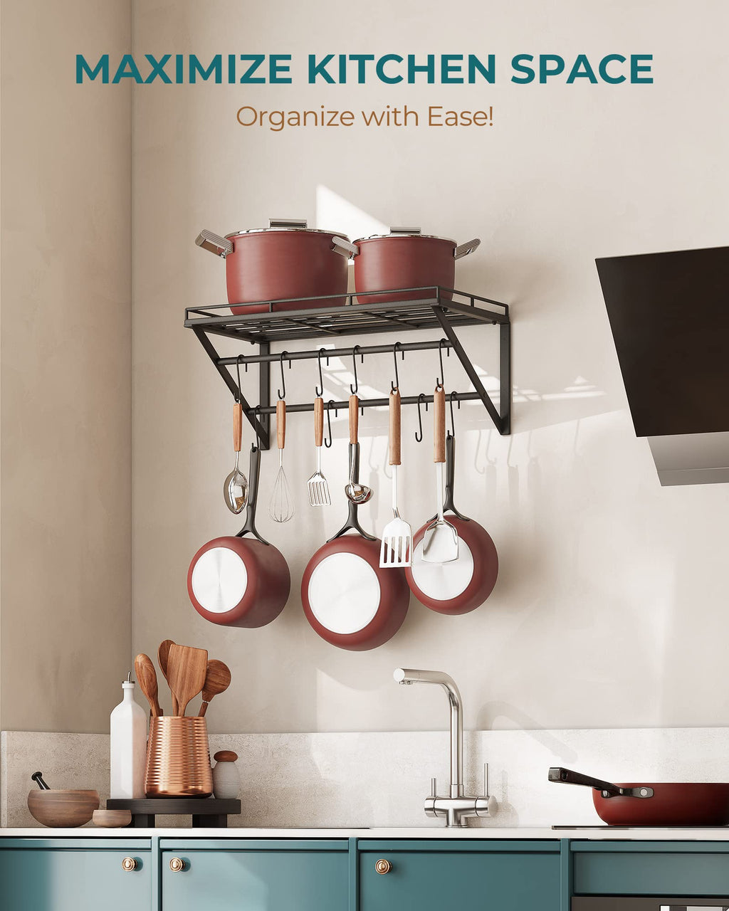 OROPY Wall Mount Pot Pan Rack | 60cm Metal Kitchen Shelf with 12 Hooks