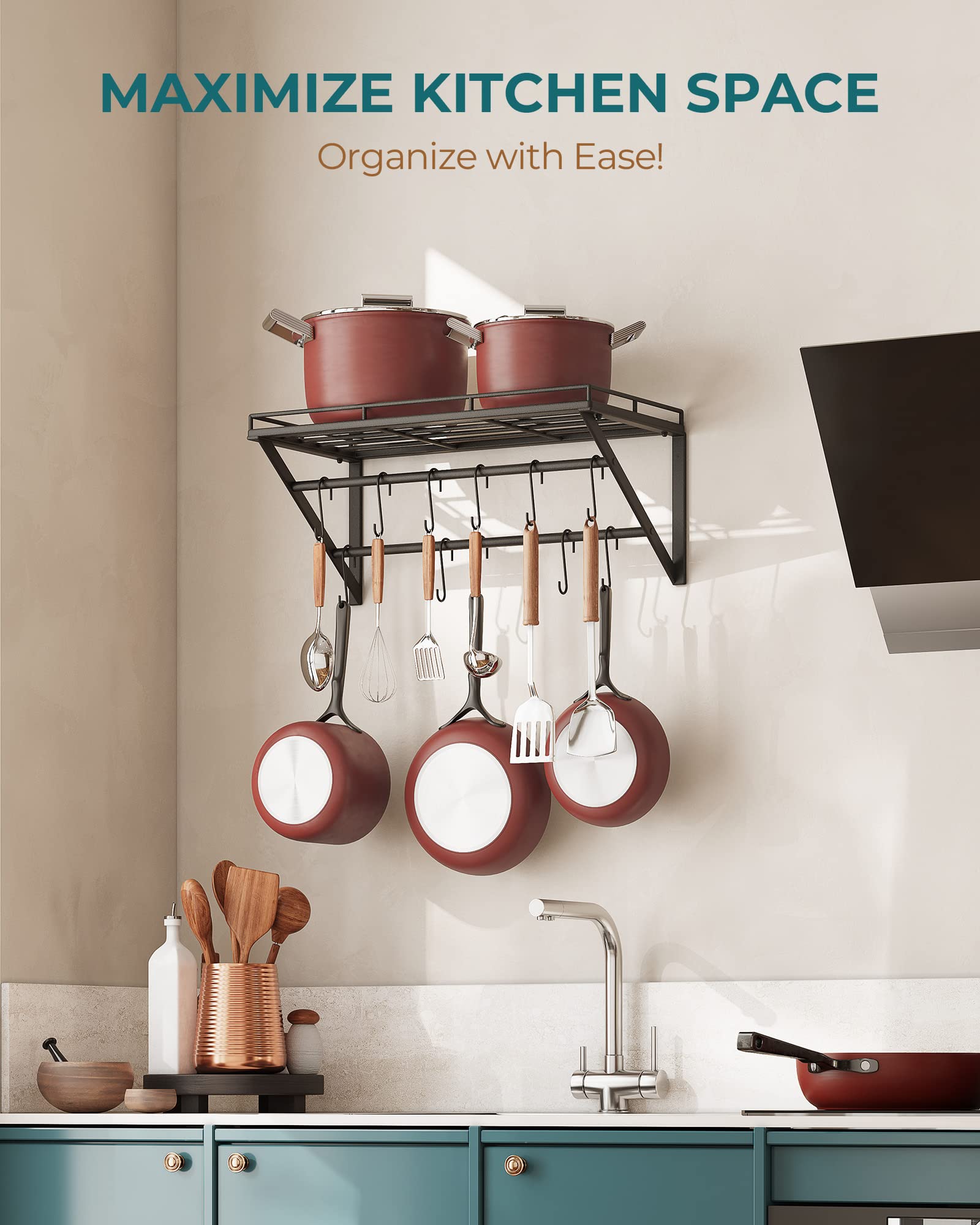 OROPY Wall Mount Pot Pan Rack | 60cm Metal Kitchen Shelf with 12 Hooks