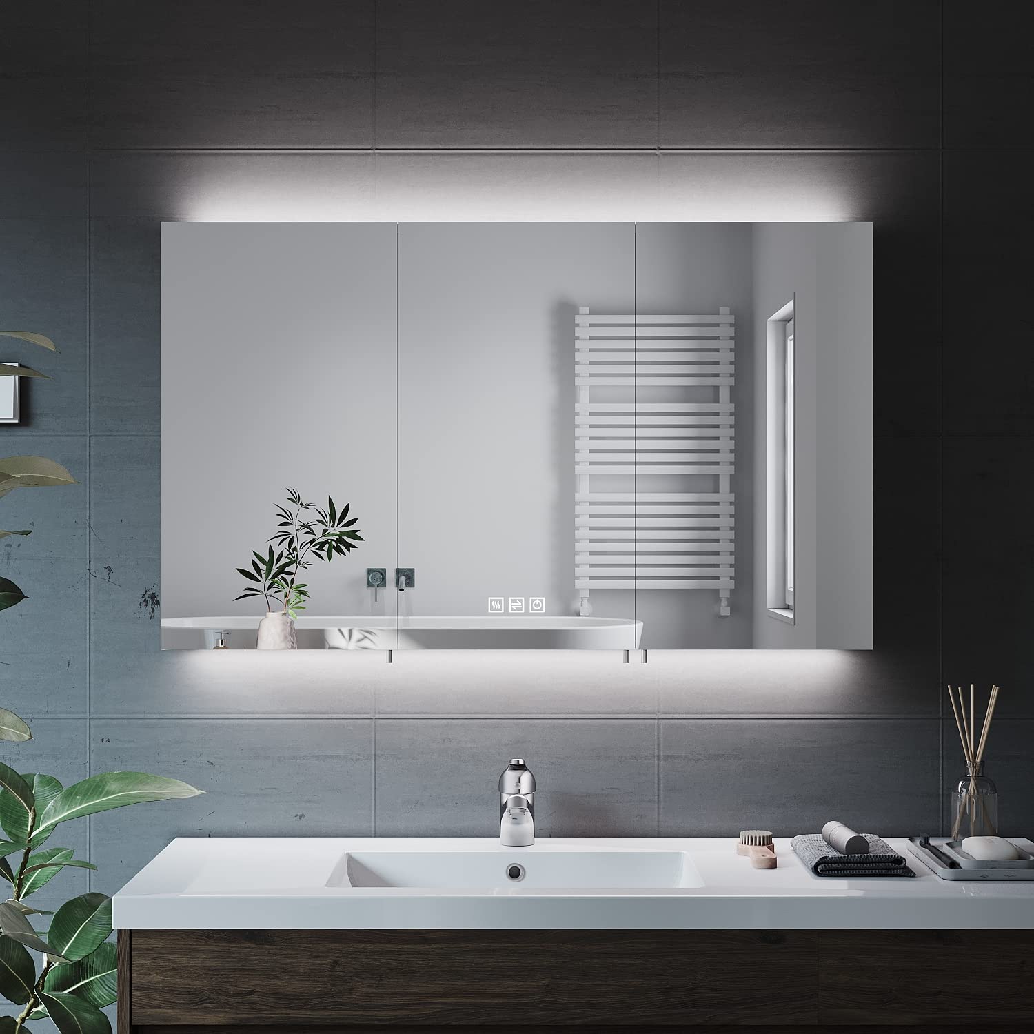 ELEGANT Triple Door LED Bathroom Mirror Cabinet with Shaver Socket