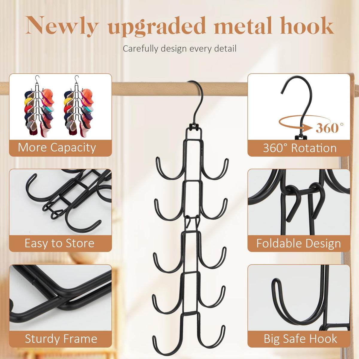 Hat Organizer for Closet, Collapsible Caps Rack with 10 Rotatable Large Hooks, Holds Up to 40 Baseball Caps - image 2