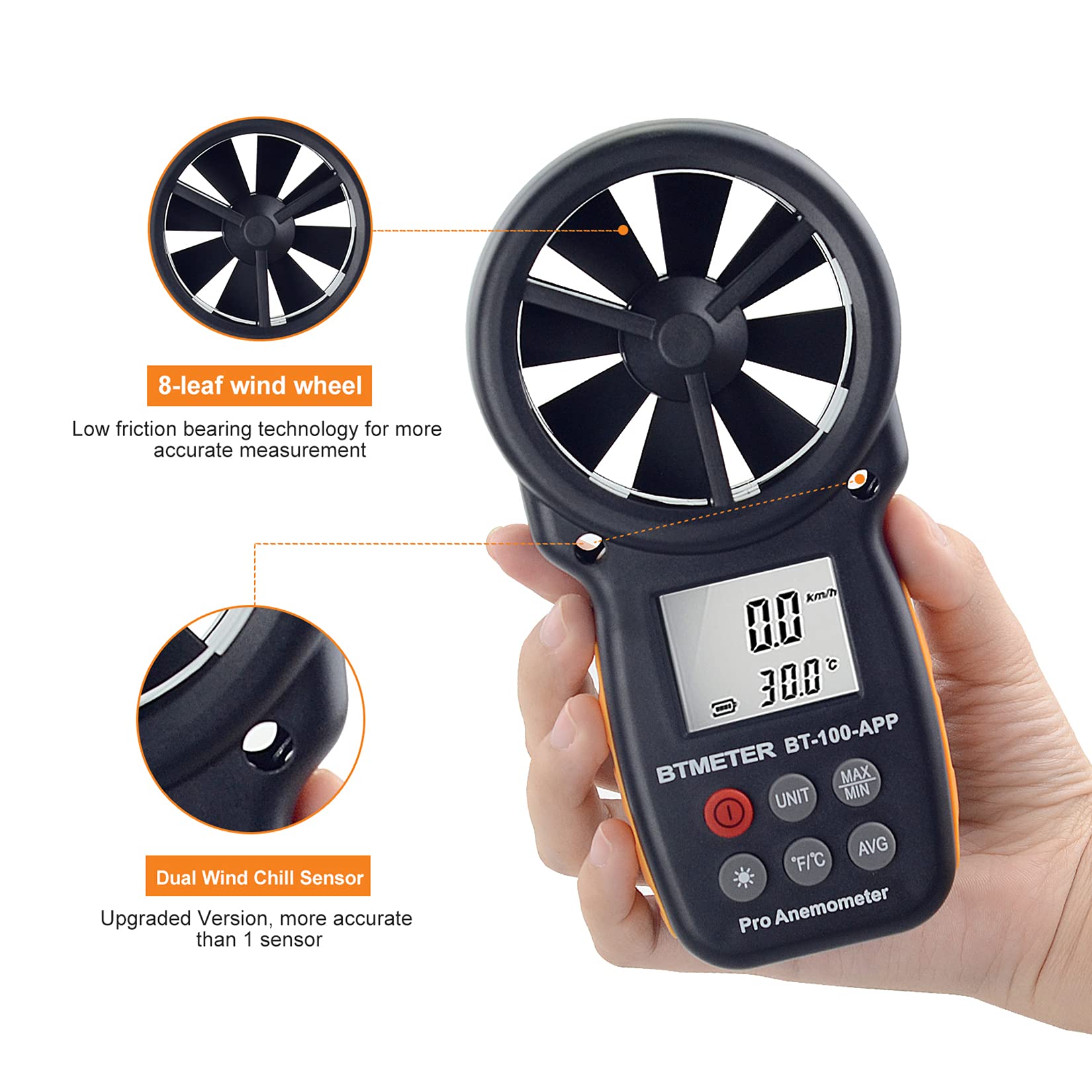 BTMETER BT-100APP Bluetooth Digital Anemometer - Handheld Wind Speed Meter