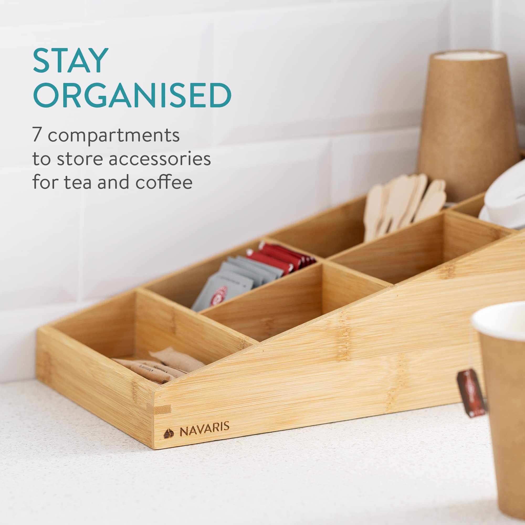Navaris Bamboo Coffee Station Organiser – 7 Compartment Tea Caddy