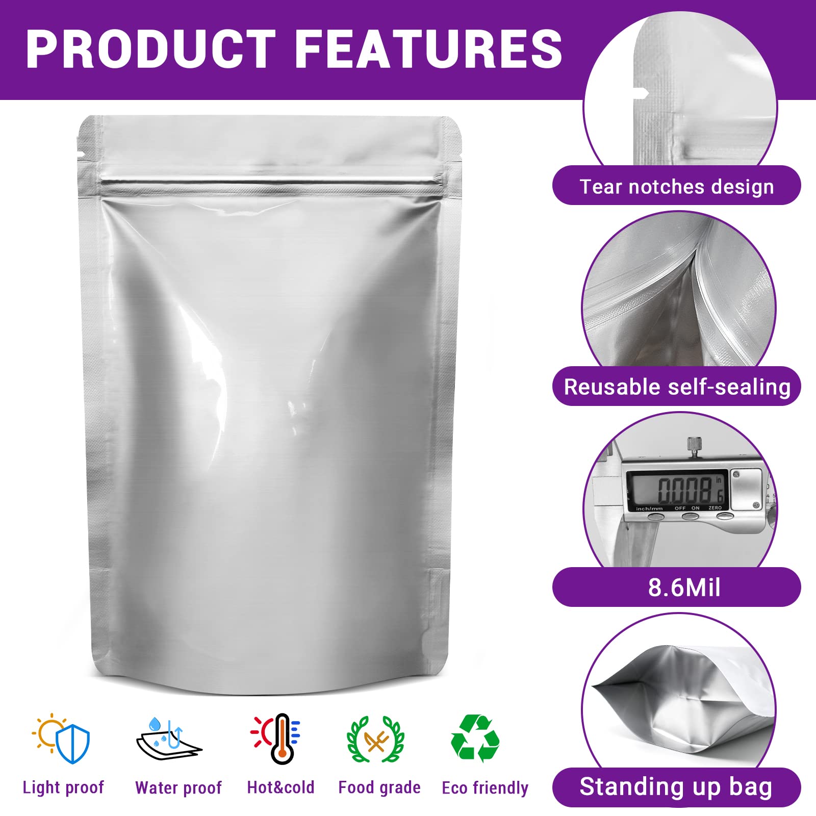 Jolof Store Mylar Bags for Food Storage with Oxygen Absorbers - 50 Pack