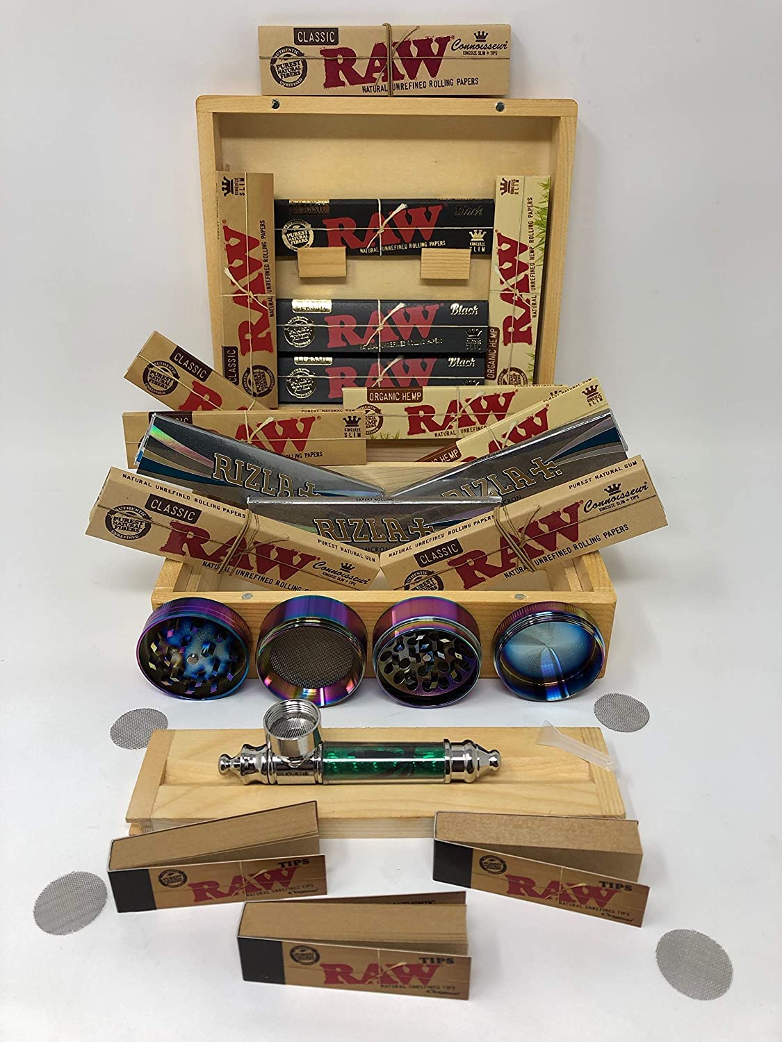 Rizla Wooden Rolling Box Gift Set with RAW Papers and Metal Grinder