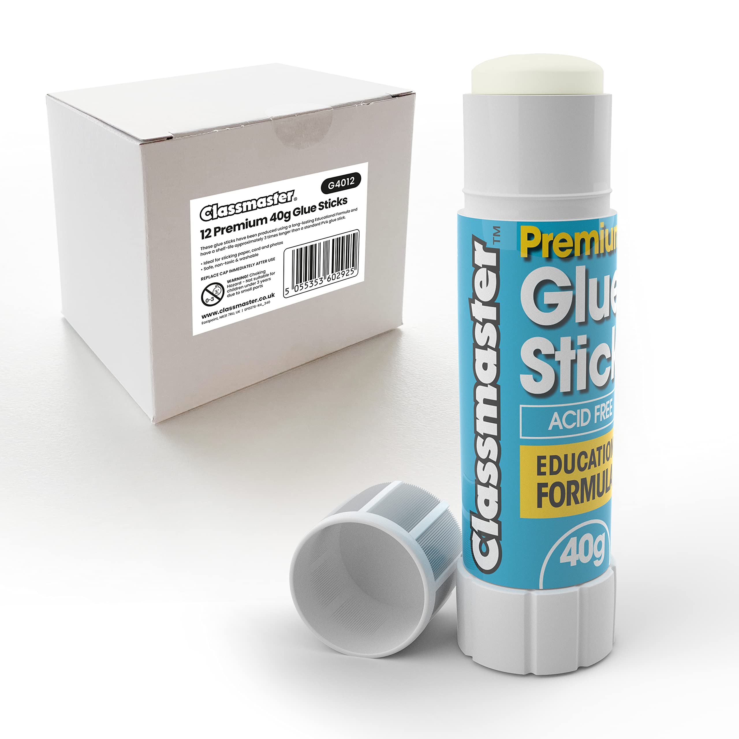 Classmaster Non-Toxic Washable Glue Sticks - 40g PVP Adhesive, 12 Pack