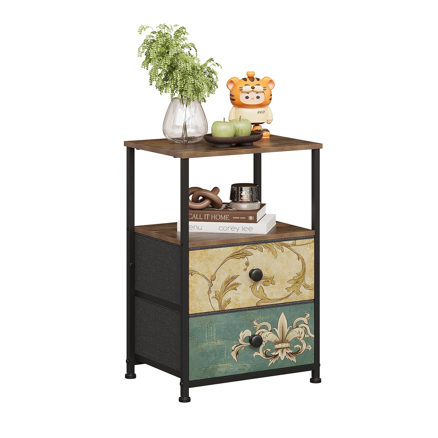 VEDECASA 2-Drawer Vintage Bedside Table – Retro Fabric Storage Cabinet