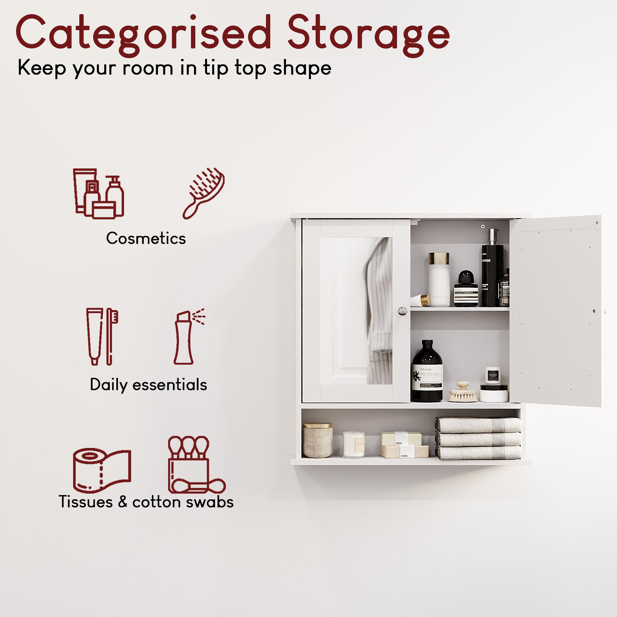 Bath Vida Mirrored Bathroom Cabinet – Double Door Wall Mounted MDF Storage