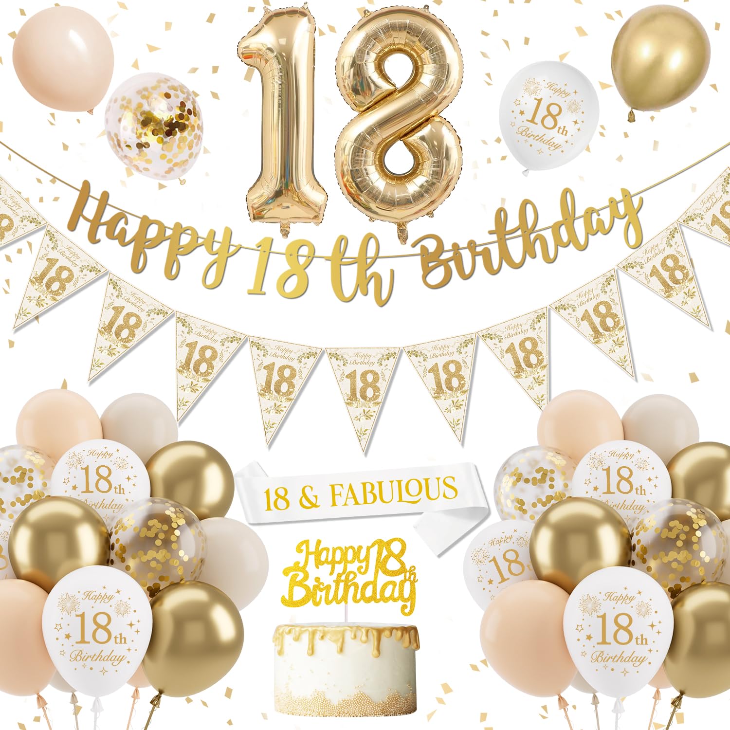 Jolof Store 18th Birthday Decoration Kit – Gold Banner and Balloon Set