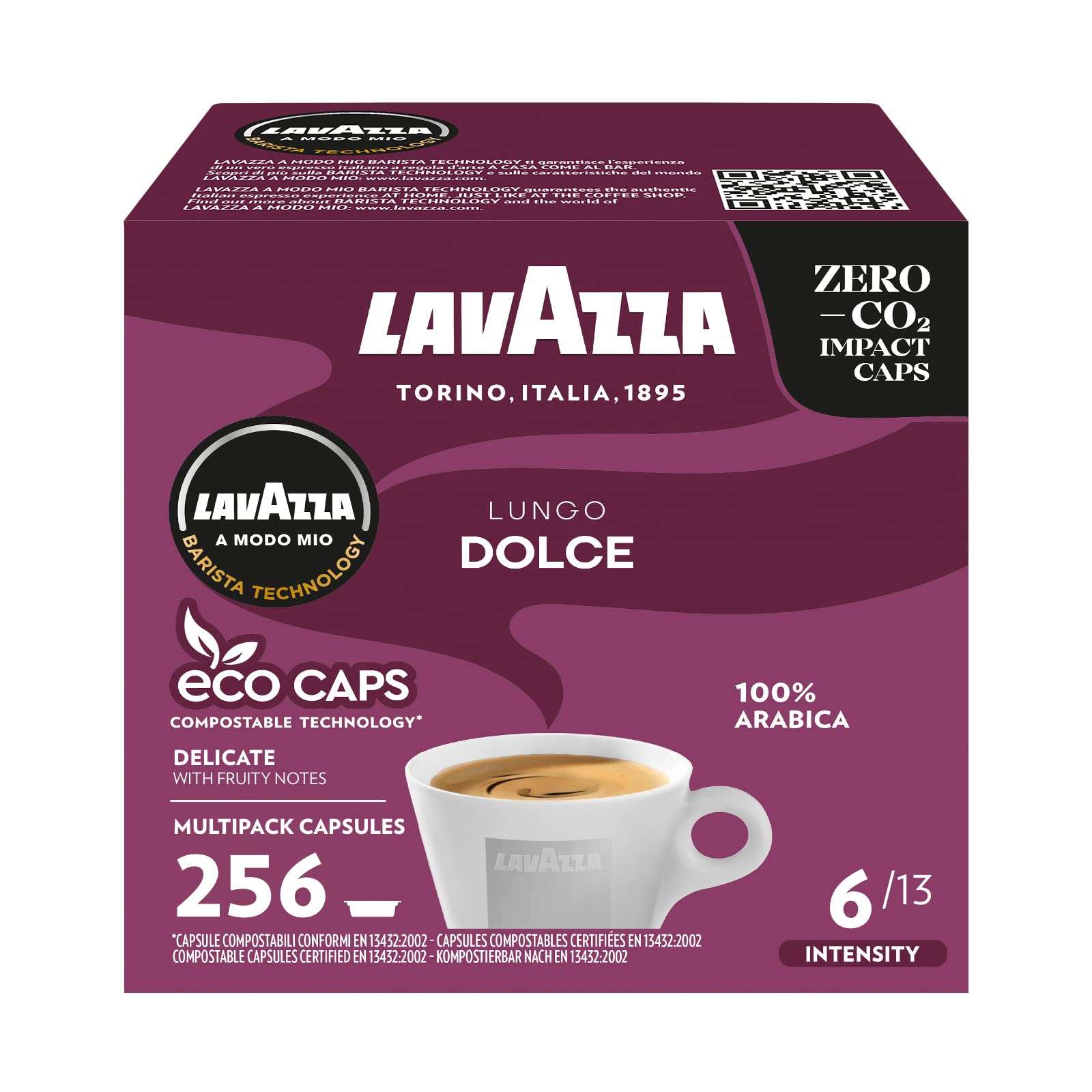 Lavazza A Modo Mio Lungo Dolce Coffee Capsules - 100% Arabica - 256 Pack