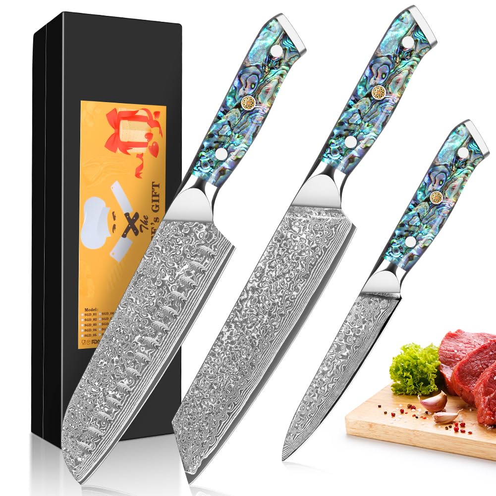 Jolof Store Damascus Knife Set - 3pc VG-10 Steel Chef & Santoku Knives