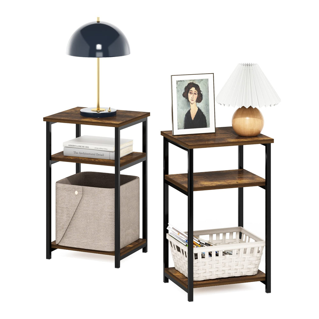 Furinno JUST Side Table Set of 2, 3-Tier Metal Frame End Table with Open Shelf, Night Stand, Bedside Table, for Living Room, Bedroom, Amber Pine - image 3