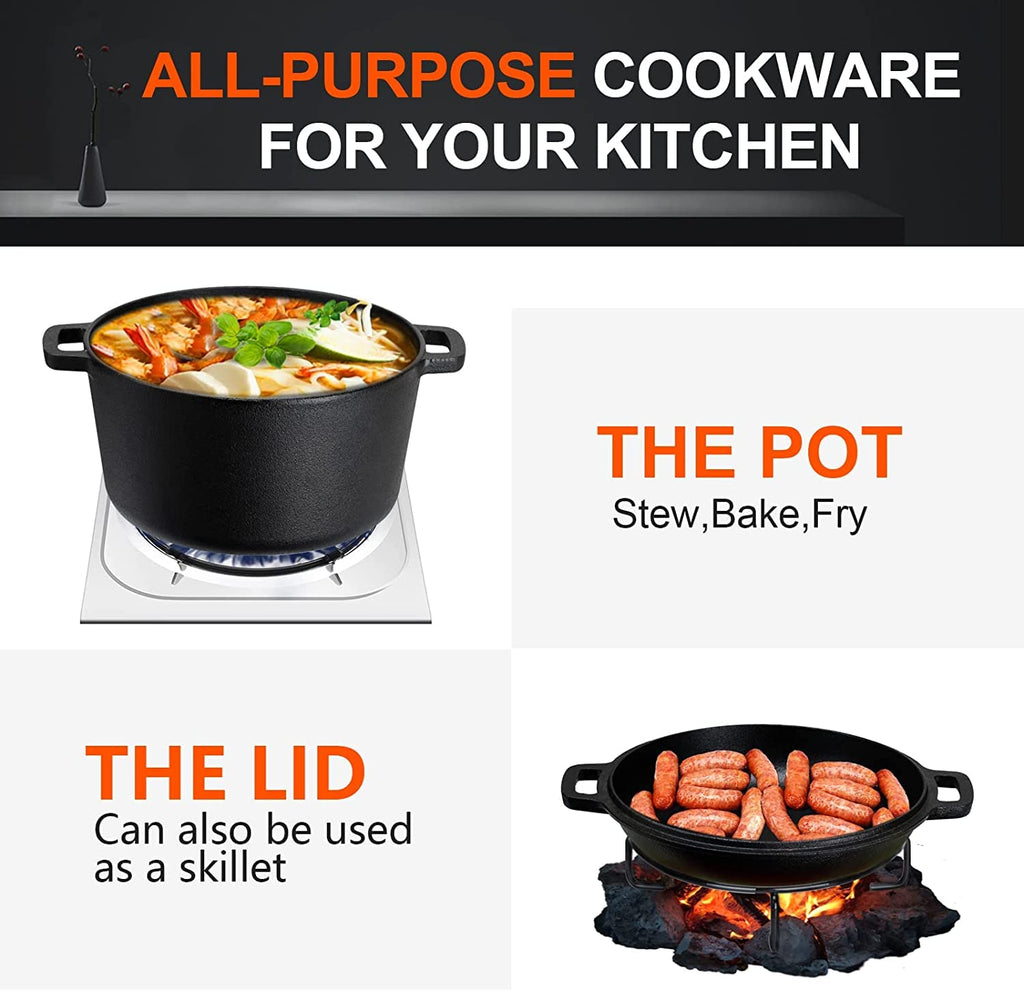 Overmont 5 QT Cast Iron Dutch Oven with 1.6 QT Skillet Lid - Pre-Seasoned