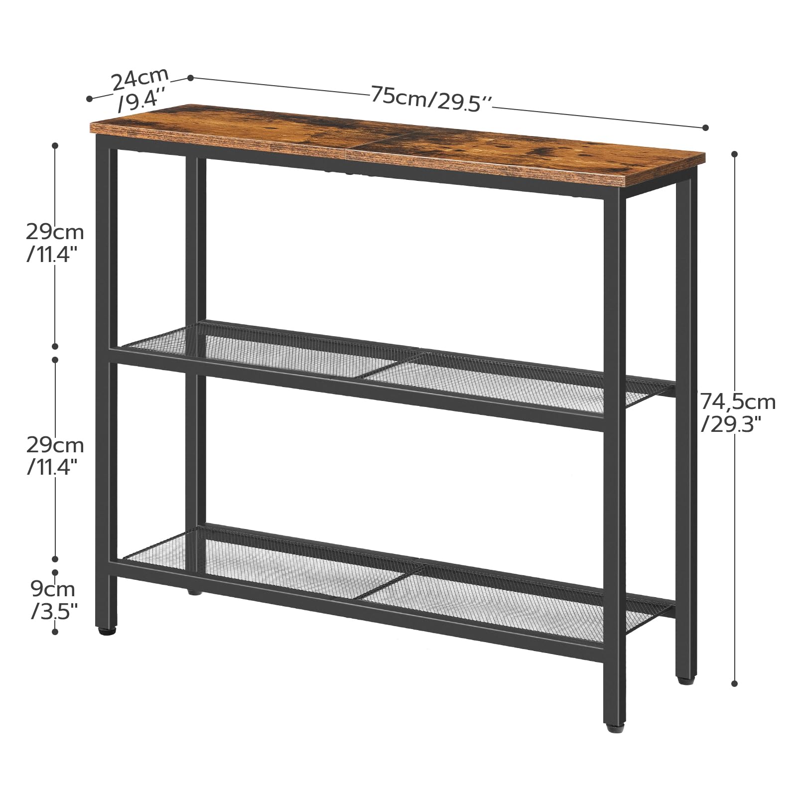 HOOBRO Slim Console Table – 3-Tier Industrial Entryway Table, Rustic Brown