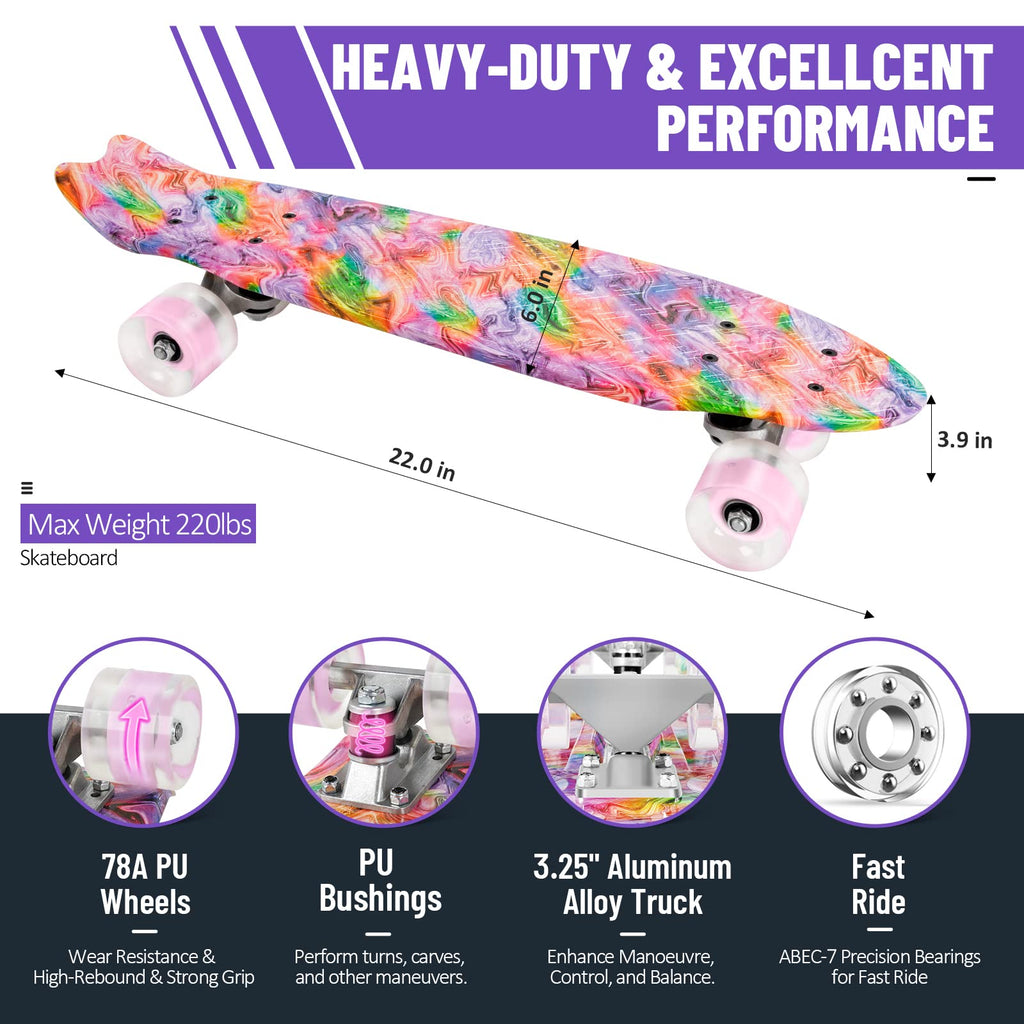 BELEEV 22 Inch Cruiser Skateboard with LED Light Up Wheels for Beginners