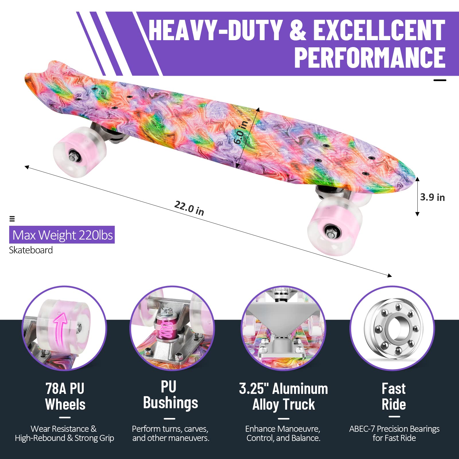 BELEEV 22 Inch Cruiser Skateboard with LED Light Up Wheels for Beginners