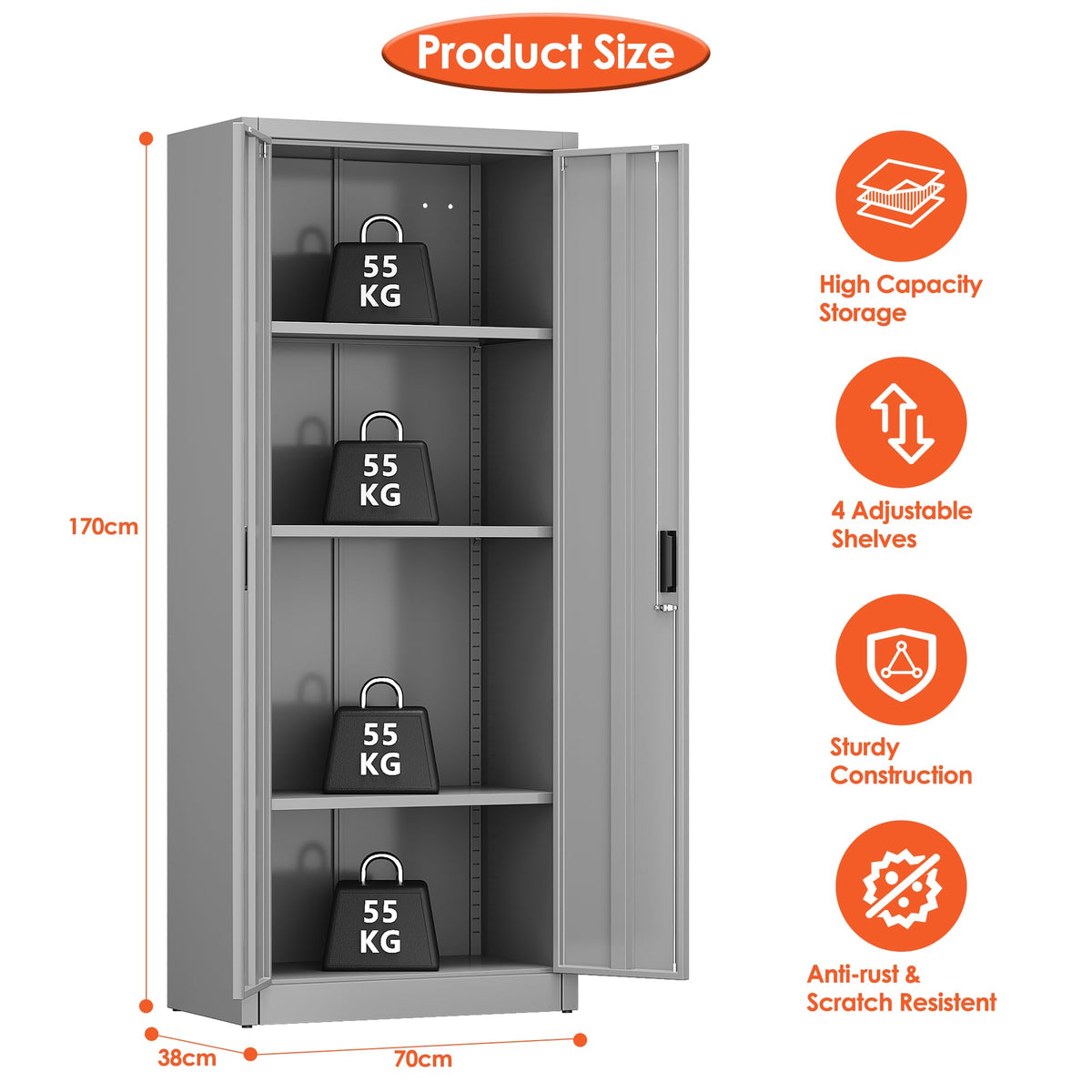 FlairVibe Metal Storage Cupboard with 2 Door and 3 Adjustable Shelves,Grey - image 2