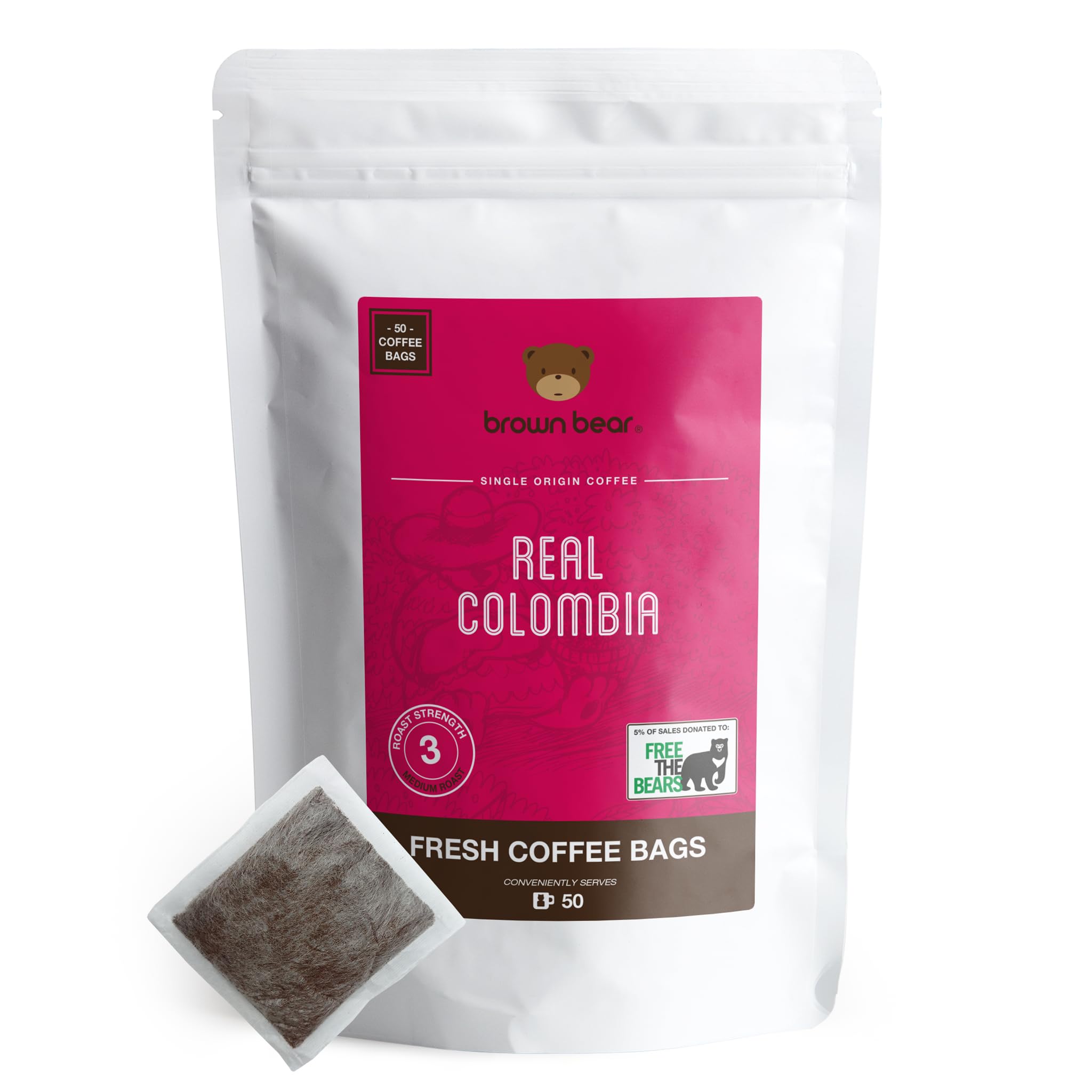 Brown Bear Real Colombia Coffee Bags – Medium Roast Arabica – 50 Pack