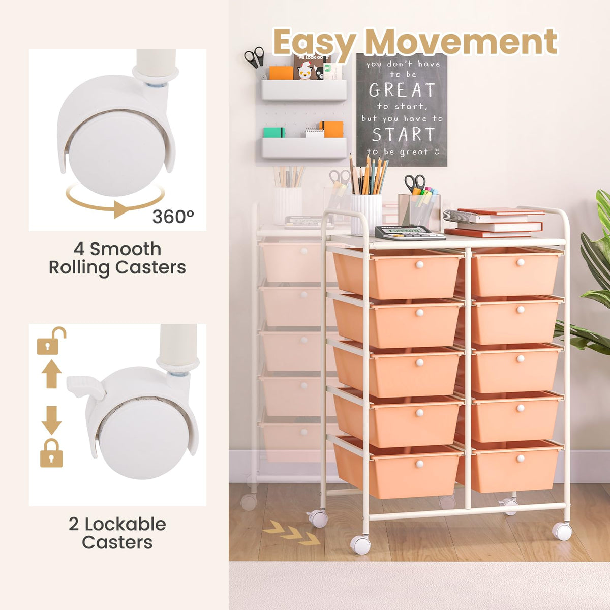 GiantexUK 10 Drawers Storage Cart, Mobile Rolling Storage Trolley with 4 Lockable Wheels & Handles - image 3