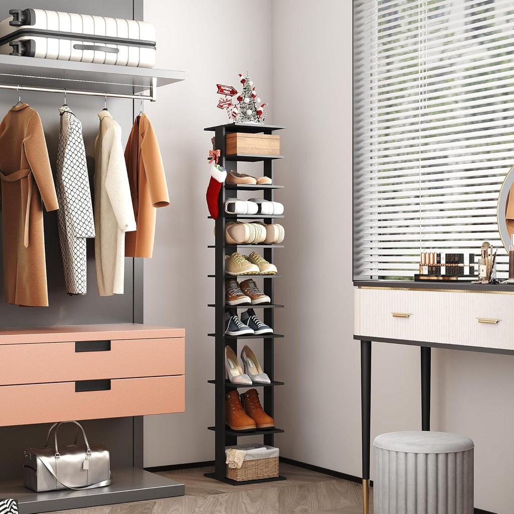 HOME BI 10-Tier Vertical Shoe Rack | Slim Wooden Corner Storage Tower