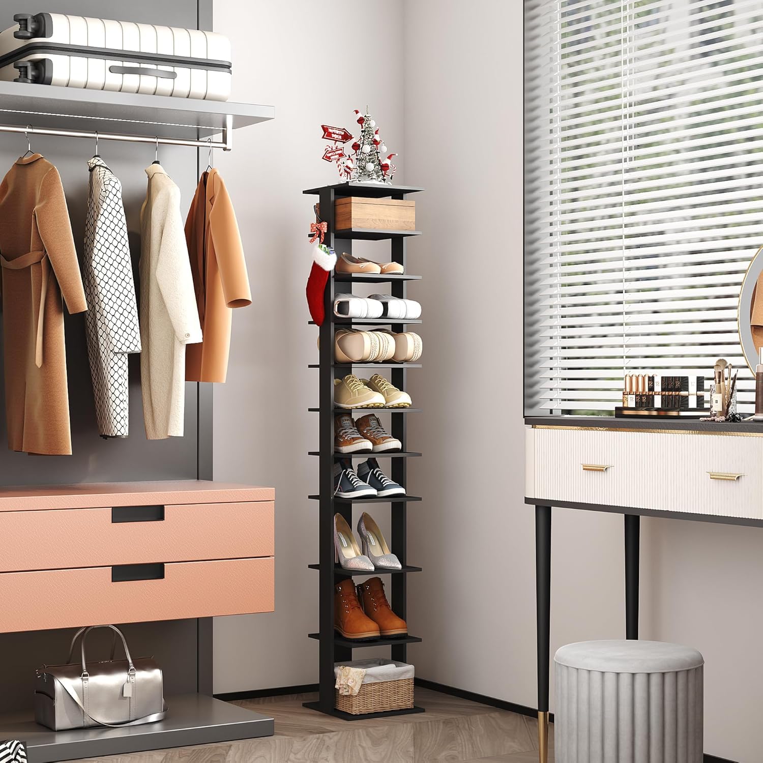 HOME BI 10-Tier Vertical Shoe Rack | Slim Wooden Corner Storage Tower