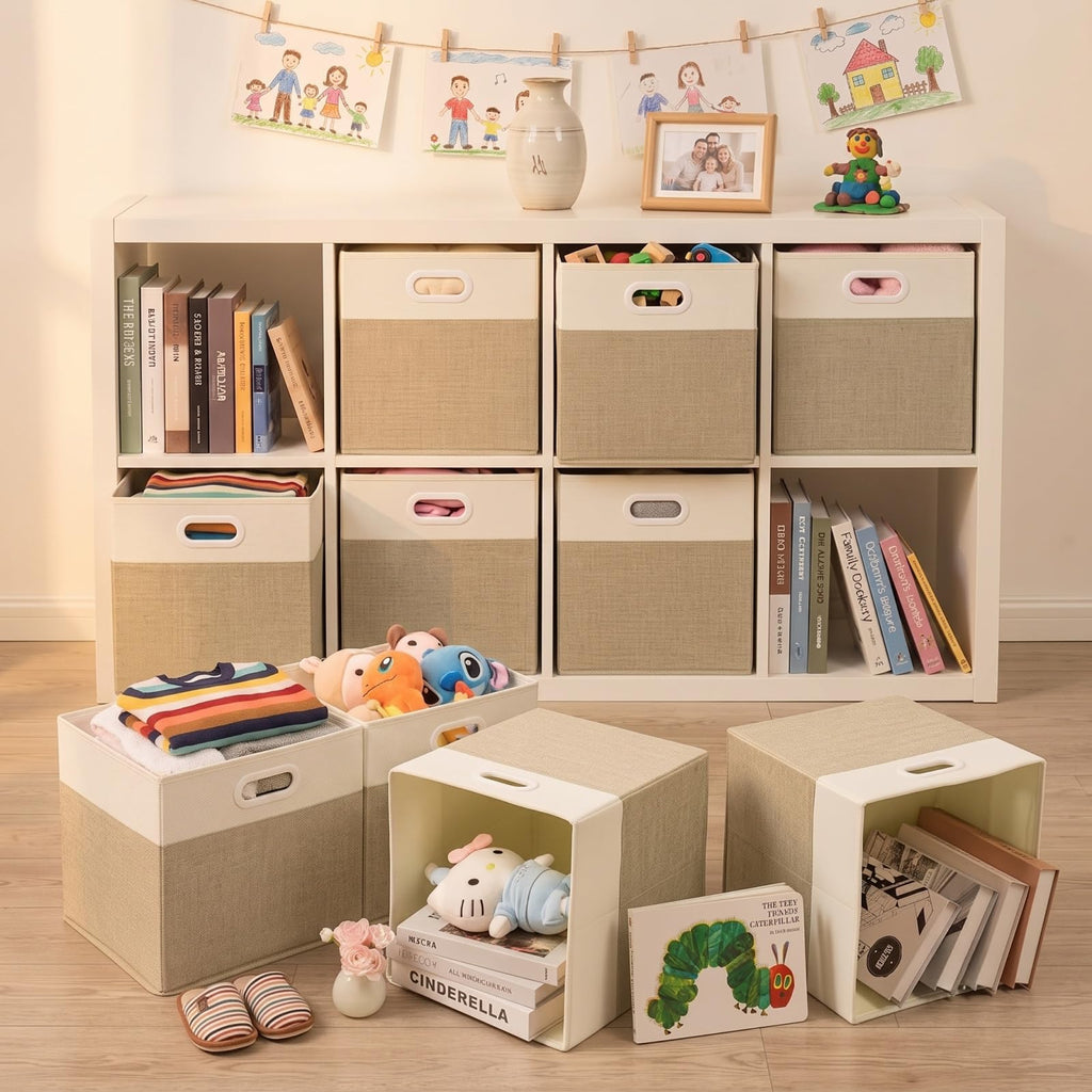 SOCOHOME Fabric Storage Boxes,33x33x33cm Storage Cube, Foldable Storage Baskets for Shelf Nursery ClosetLight Khaki/Cream White, 4 Pack