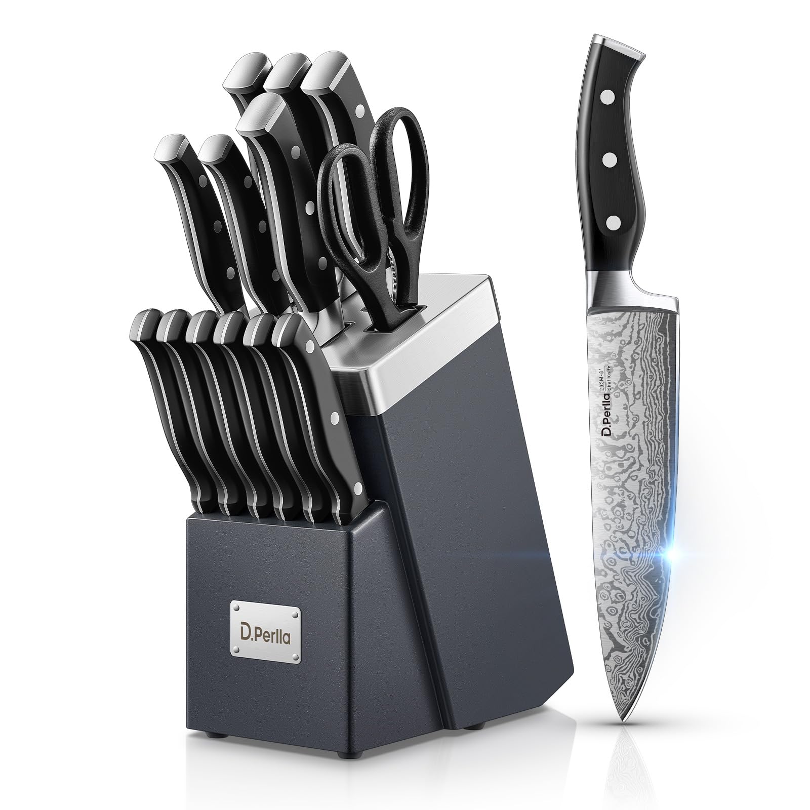 D.Perlla 14-Piece Self-Sharpening Kitchen Knife Set with Block