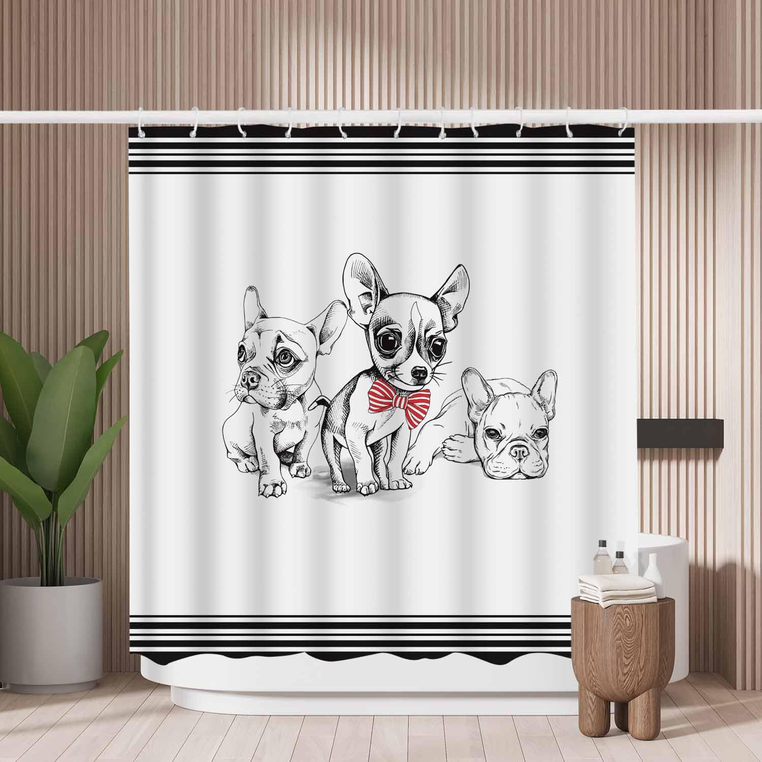 Woutay Cute Dog Shower Curtain – Mold Resistant Waterproof Fabric with Hooks