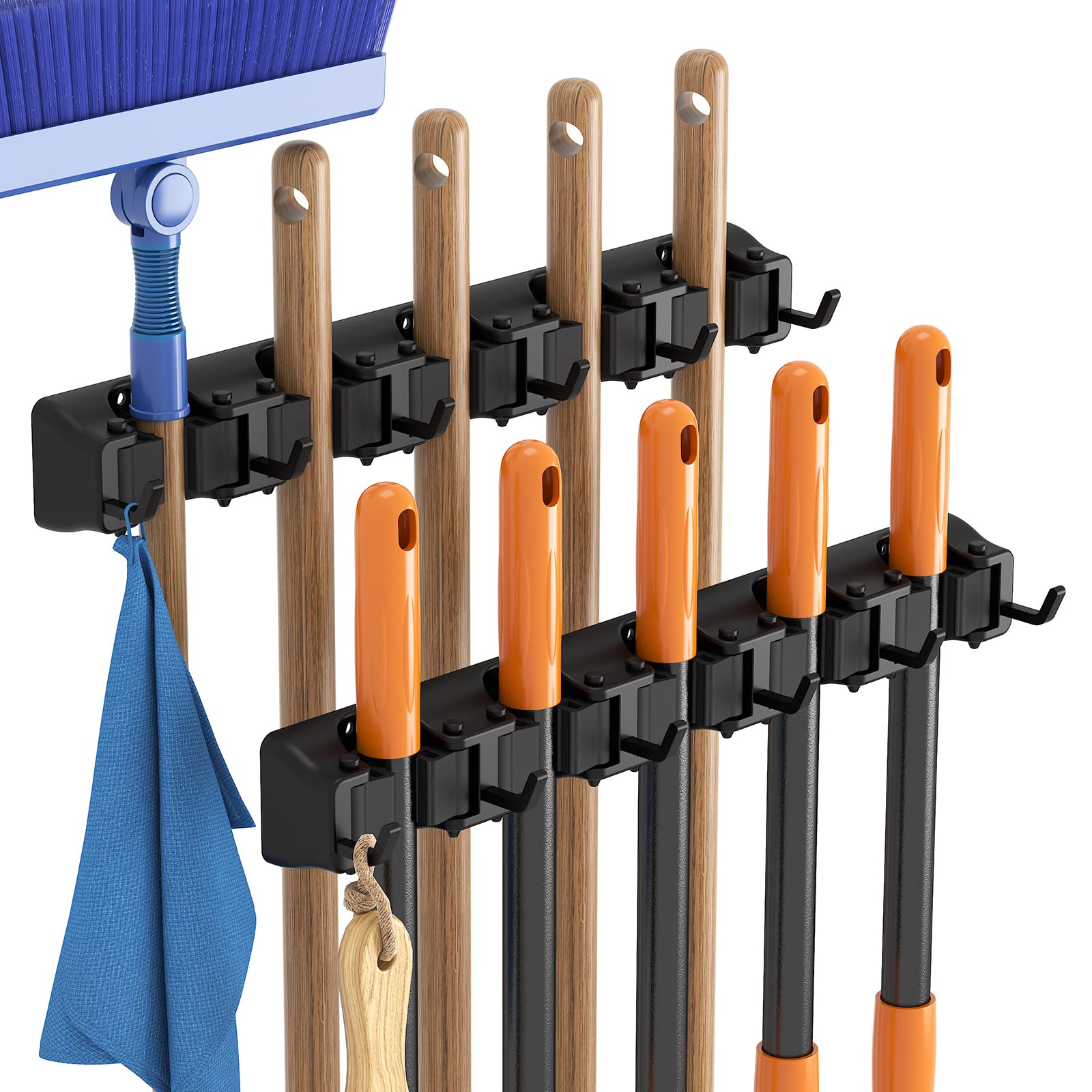 Lifewit Wall Mounted Broom Mop Holder | 5 Slots 6 Hooks | Black 2 Pack