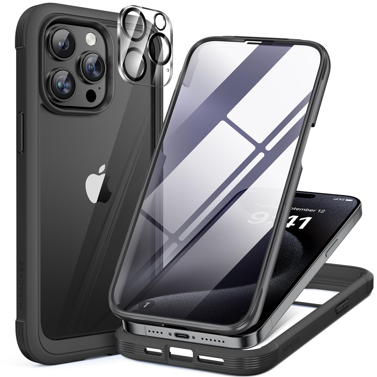 Miracase iPhone 15 Pro Case | Full Body Clear Cover with Screen Protector