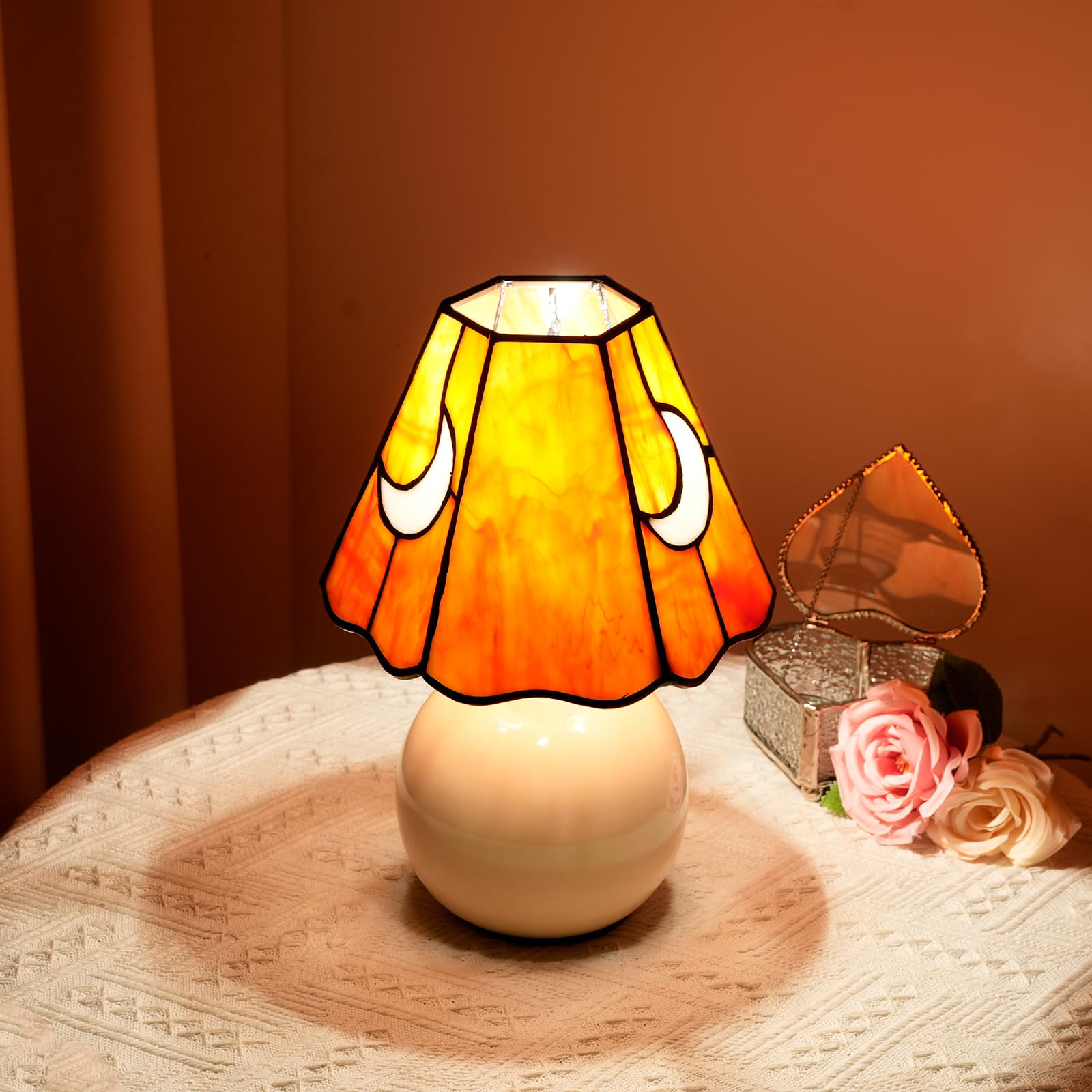KIPHEPI Mushroom Lamp – Orange Stained Glass Moon Nightlight for Bedside