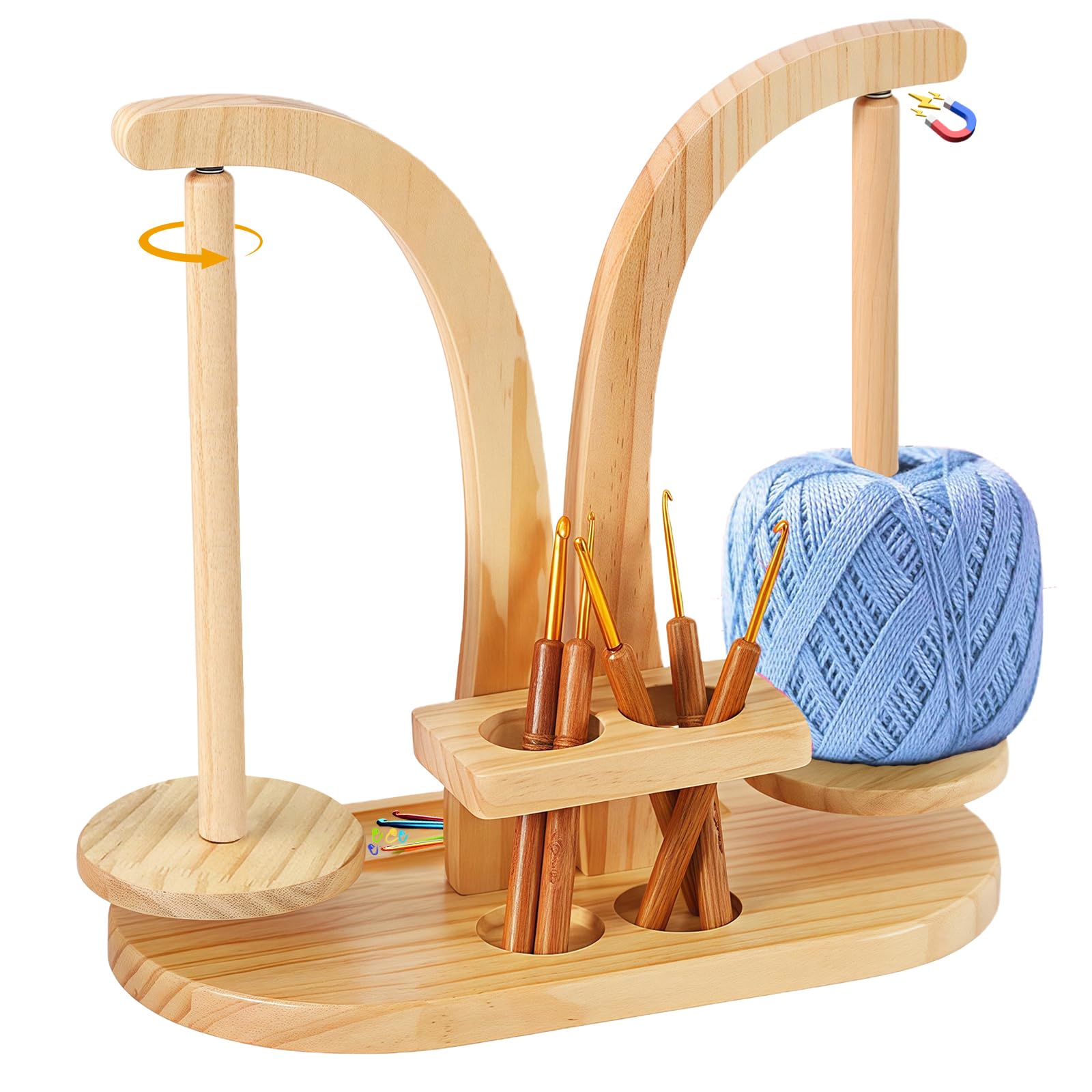 Magnetic Wooden Yarn Holder – Double Spinner with Storage