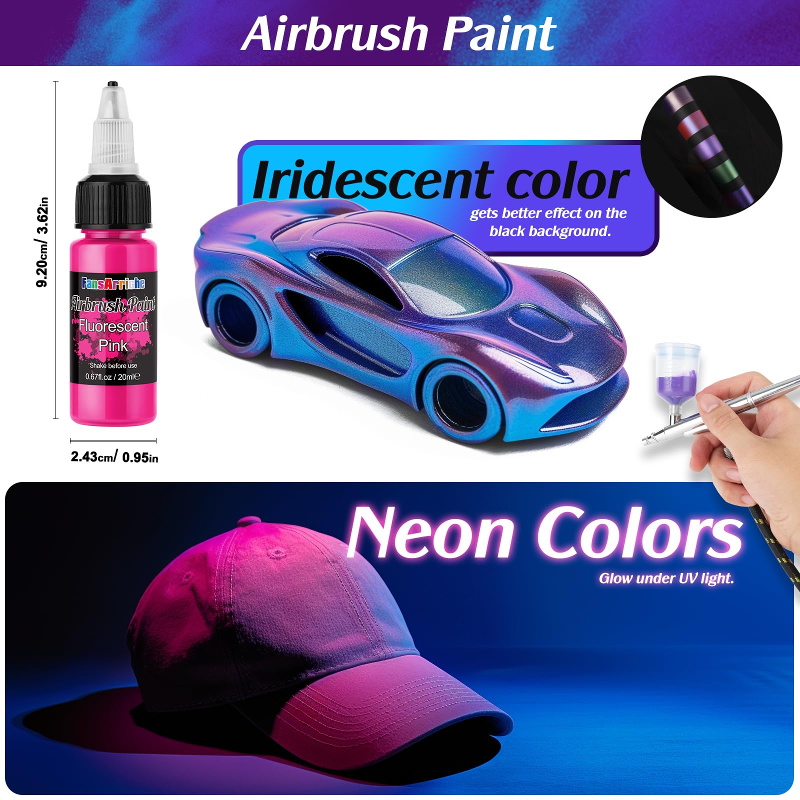 FansArriche Airbrush Paint Set - 44 Opaque & Neon Water-Based Colors