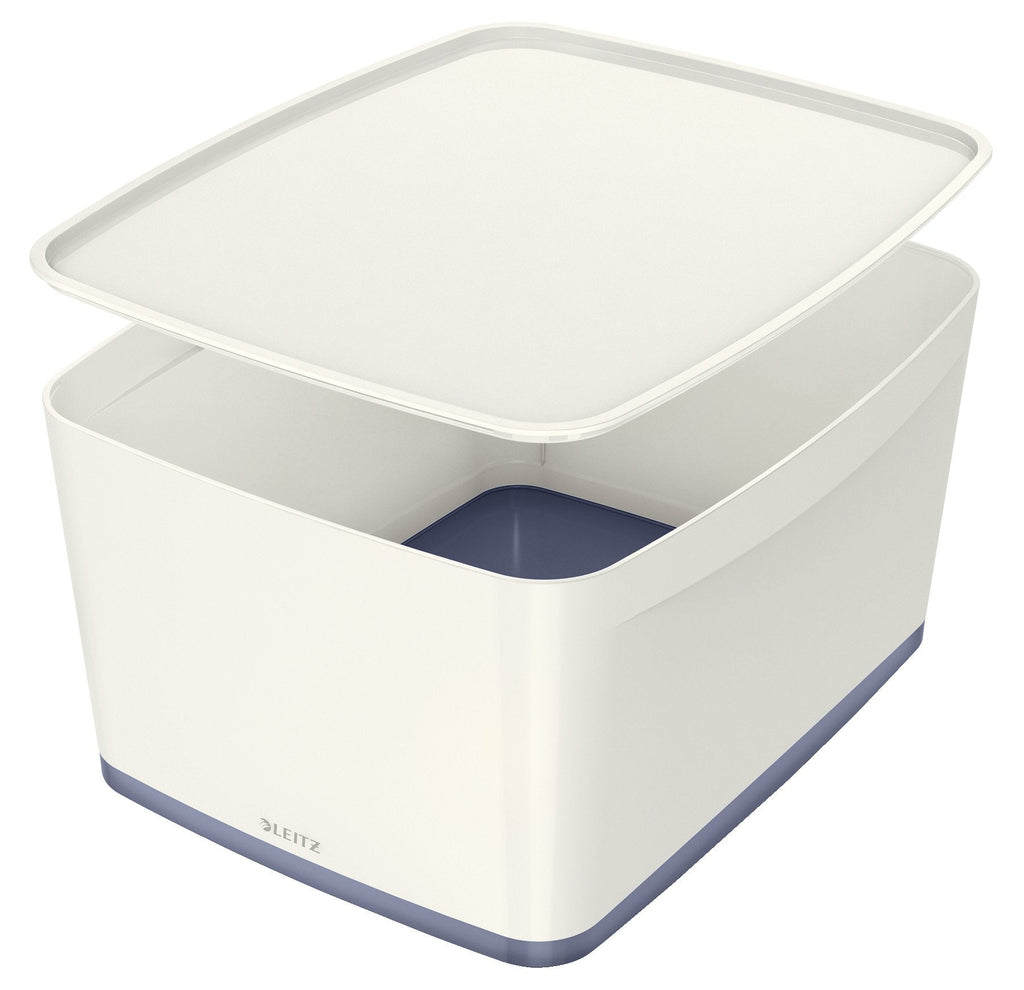 Leitz Large MyBox with Lid, Storage Box for Home and Office, High Gloss Plastic,18 Litre, A4, White/Grey - image 1