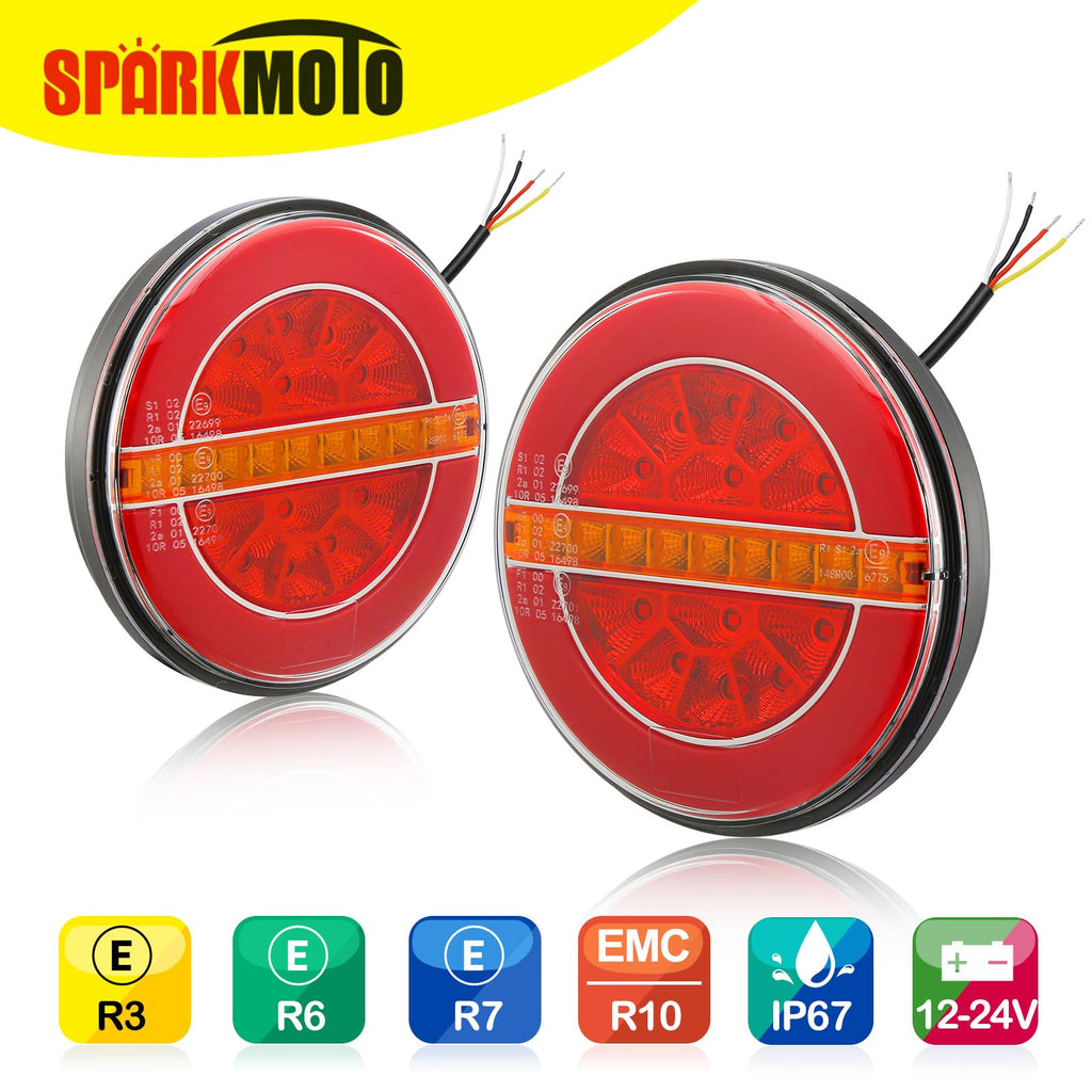 SPARKMOTO Round LED Trailer Tail Lights | 12V 24V IP67 Waterproof - 2 Pack