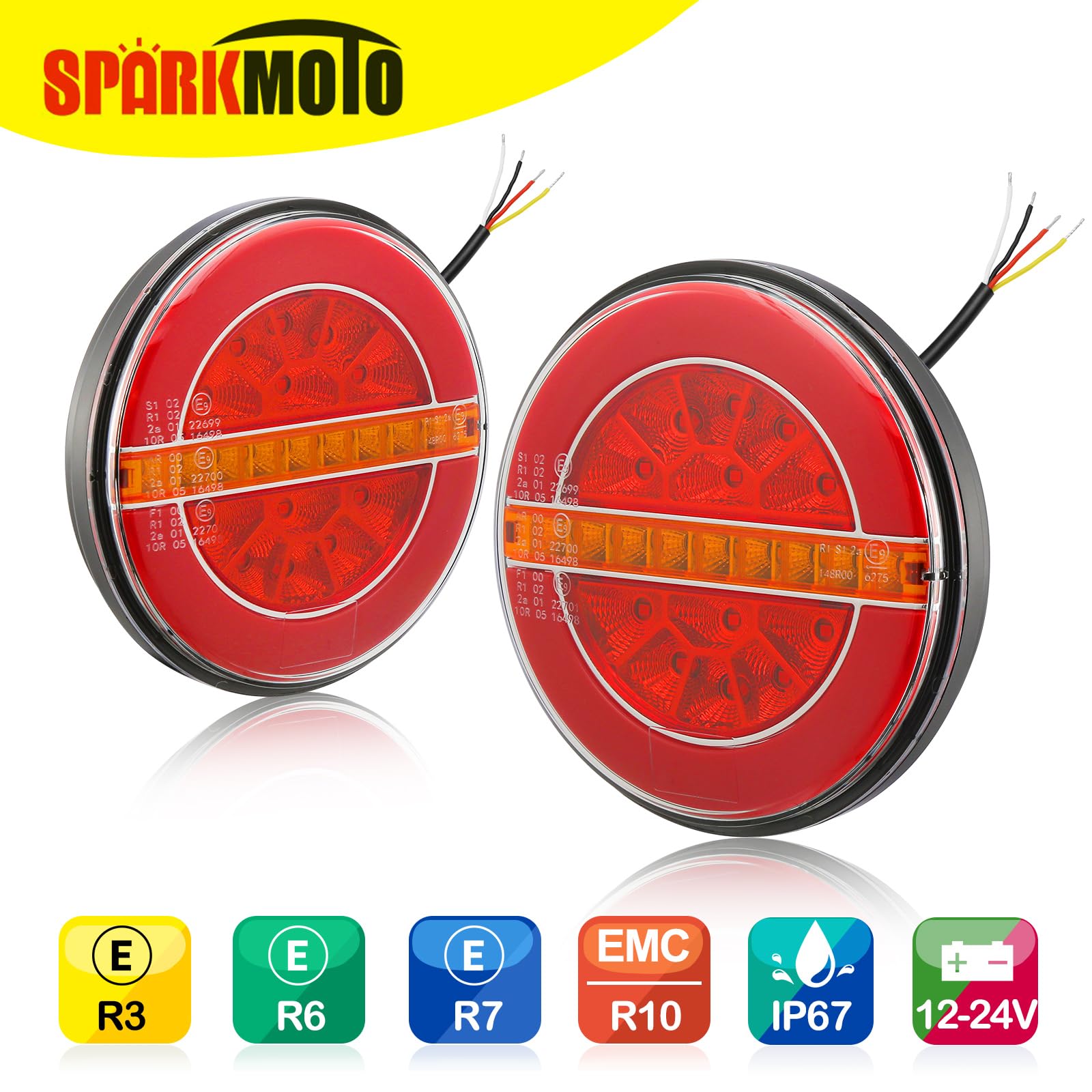 SPARKMOTO Round LED Trailer Tail Lights | 12V 24V IP67 Waterproof - 2 Pack
