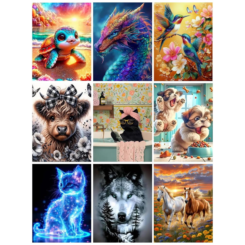 BEAYIOU 9-Pack Animal Diamond Art Painting Kits for Adults | 12x16in 5D DIY