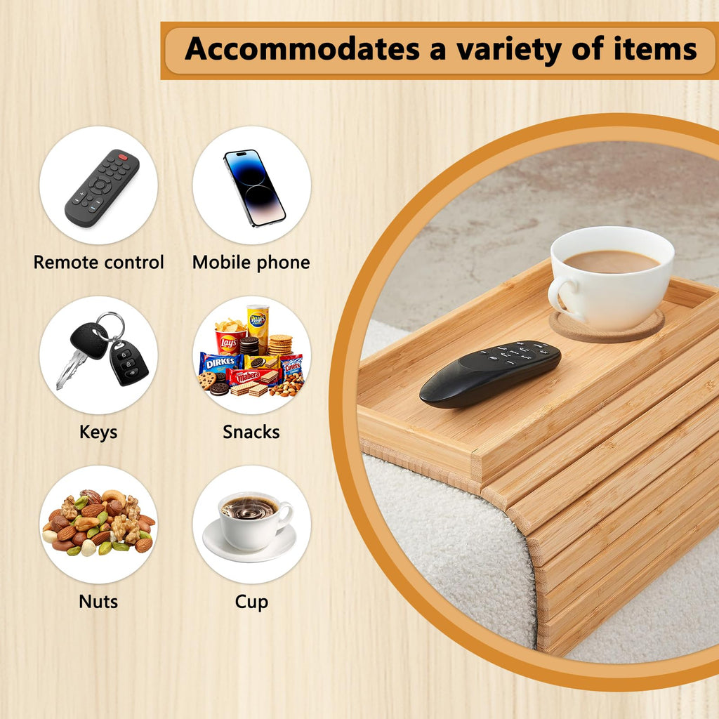 Solid Wood Armrest Tray, Space-Saving Table for Snacks & Drinks, Non-Slip Grooves, Includes 1 Wooden Coaster, Sofa Armrest Organizer - image 4