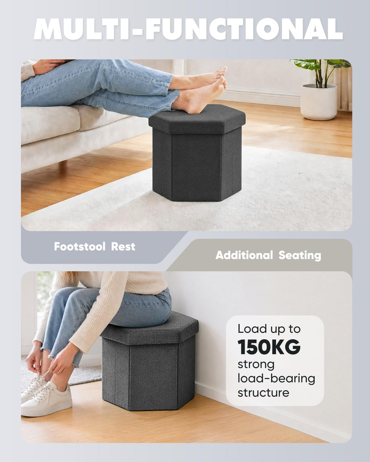 Bonlife Folding Storage Ottoman Hexagonal, Footrest with Toy Ches Box, 43cm - image 4