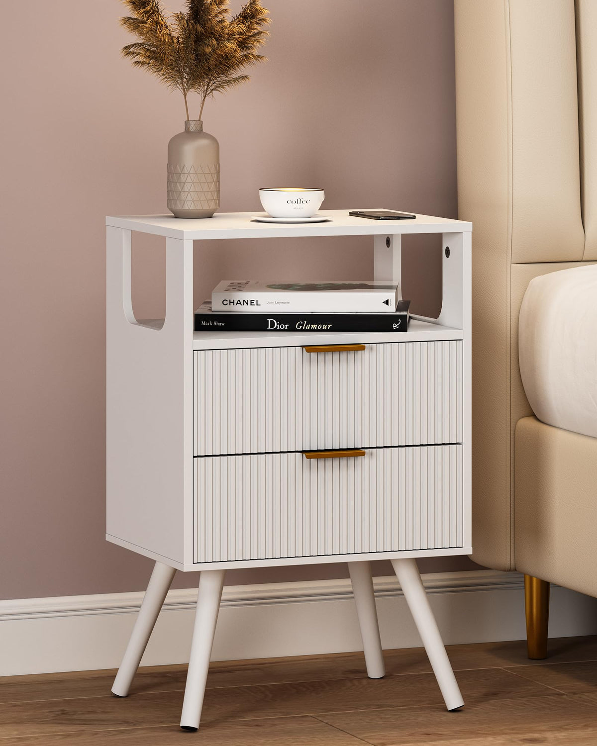 JERX Wooden Bedside Table, Nightstand with 2 Storage Drawer and Open Shelf Modern Bedside Cabinet for Bedroom,White - image 1