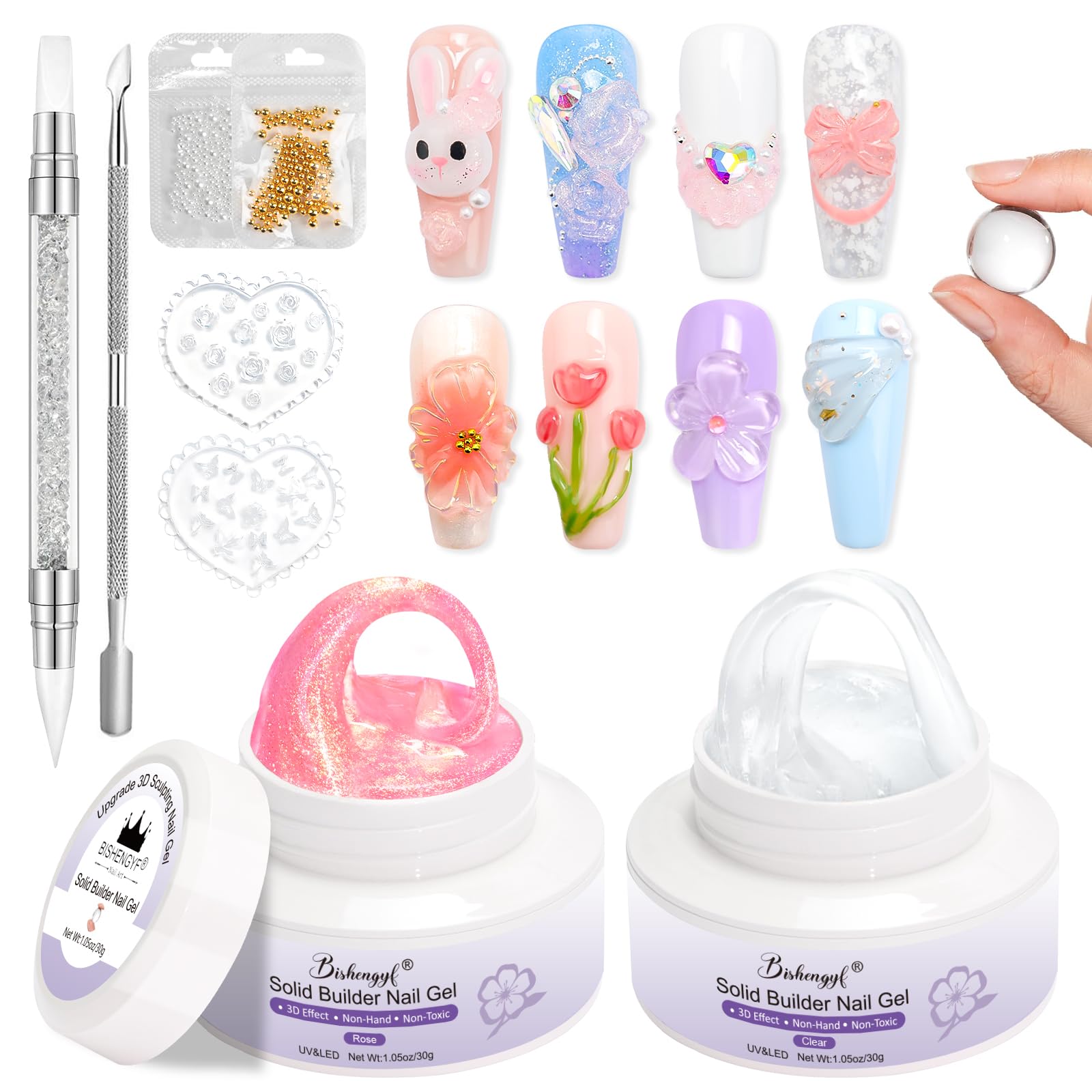 BISHENGYF 3D Solid Builder Gel Kit – Mermaid Pearl & Clear Sculpting Gel