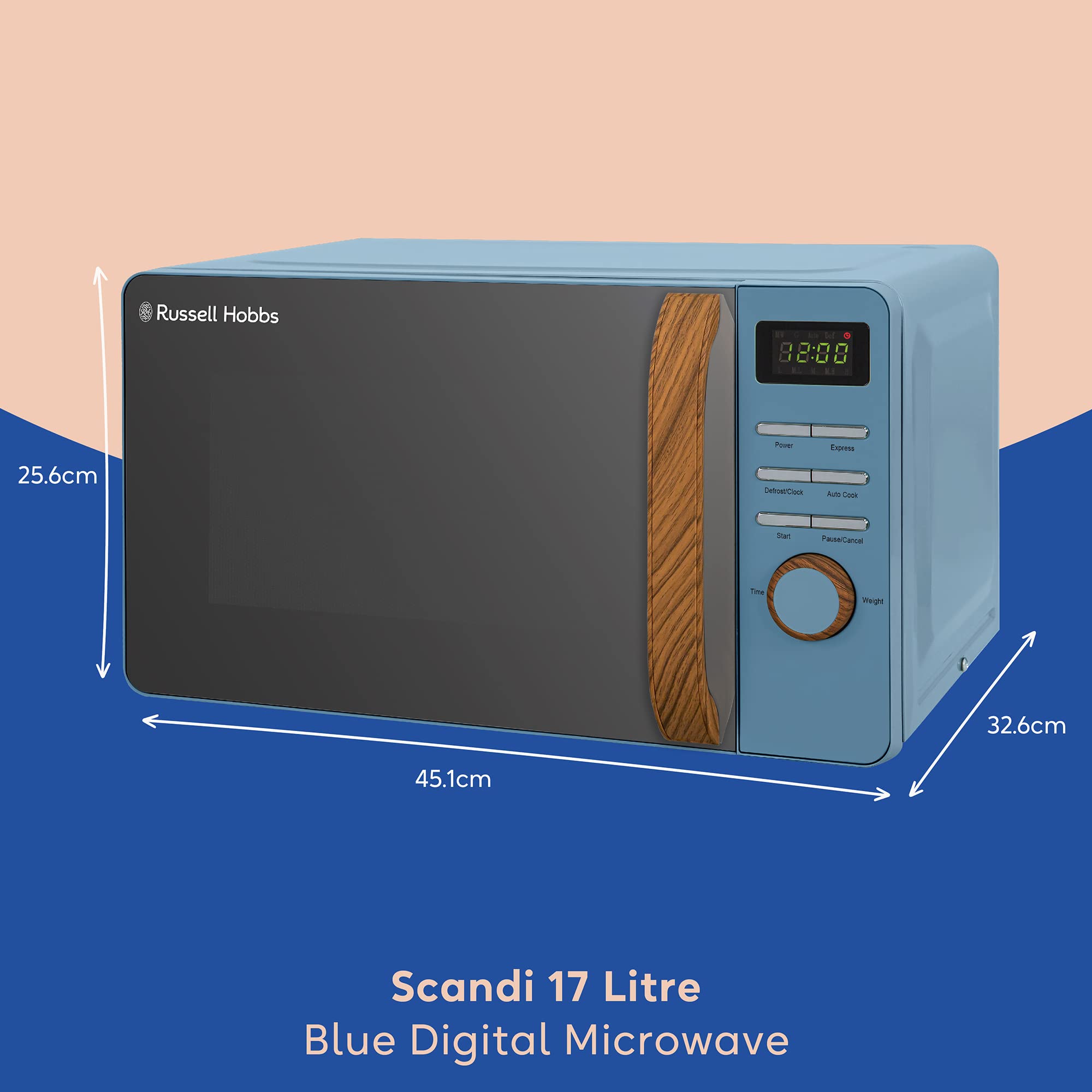 Russell Hobbs Scandi Digital Microwave – 17L 700W Blue with Wood Effect